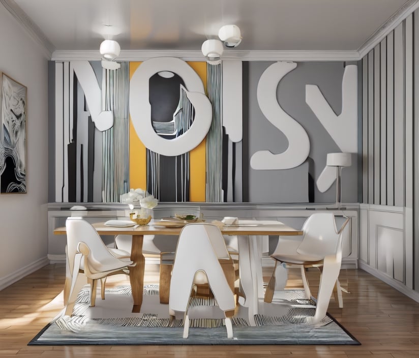 Dining room, modern black and white mat under the table, large rectangle wooden table, six high back elegant chairs,  ((same chairs)), 4 led lights on roof,art_deco_fusion, elegant pictures on the wall,interior, pearly color walls. vibrant colors