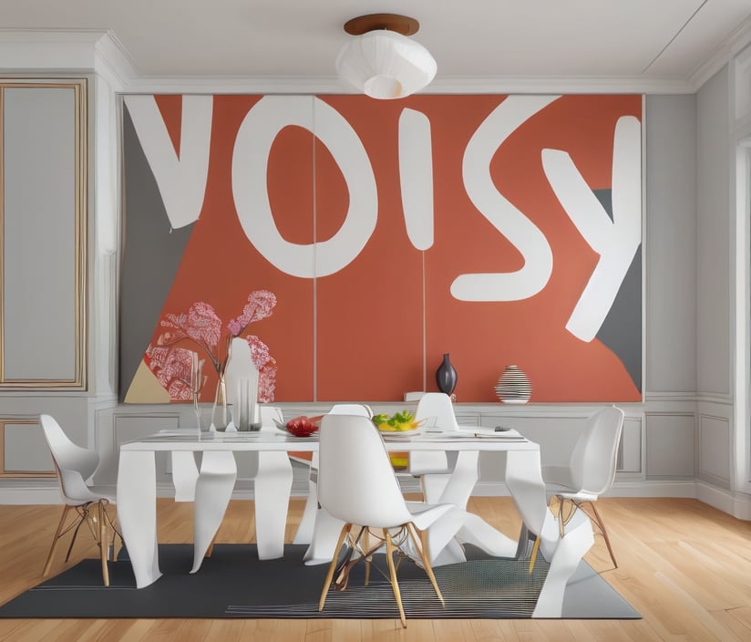 Dining room, modern black and white mat under the table, large rectangle wooden table, six high back elegant chairs,  ((same chairs)), 4 led lights on roof,art_deco_fusion, elegant pictures on the wall,interior, pearly color walls. vibrant colors