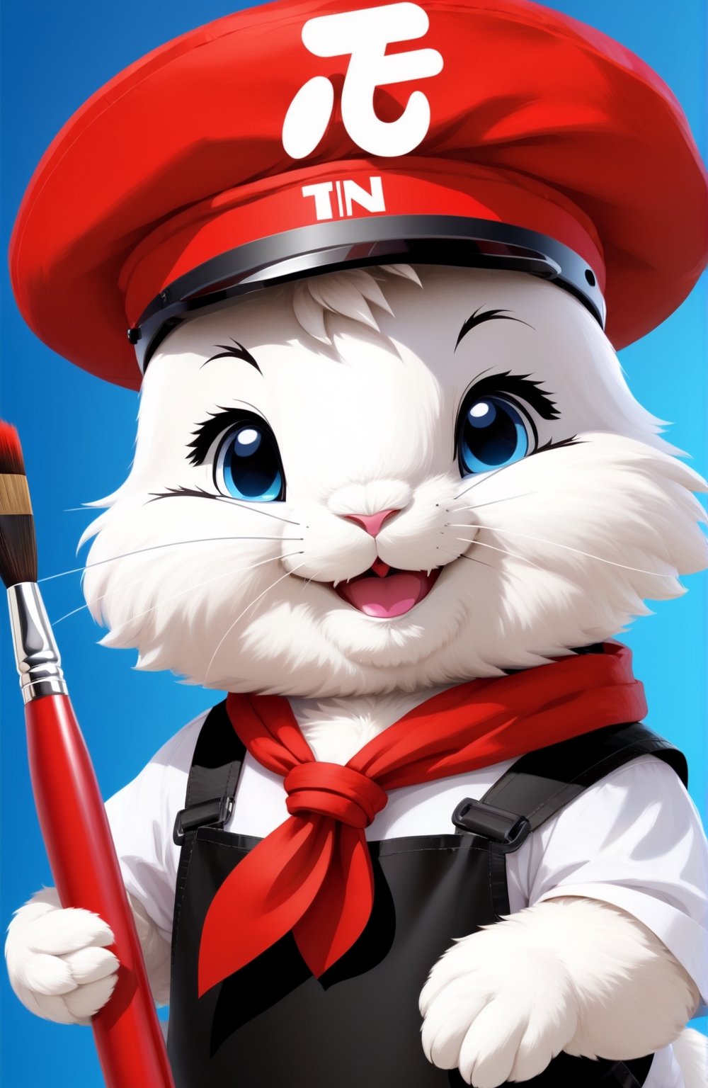 mascot painter, (white color rabbit), Black glasses, with an elegant smile, blue eyes, (with a red color painter's beret on his head), (a red scarf around the neck), (white painter's blouse), (with red apron with black straps+text:"Tensor"):1.2, ((hand1 holding a (technological brush)):1.2, ((hand2 holding a (technological color palette)):1.2, (Chibi style), animal,Steve Irwin Chibi, Masterpiece, (style anime), best quality, best details, hires, 16K