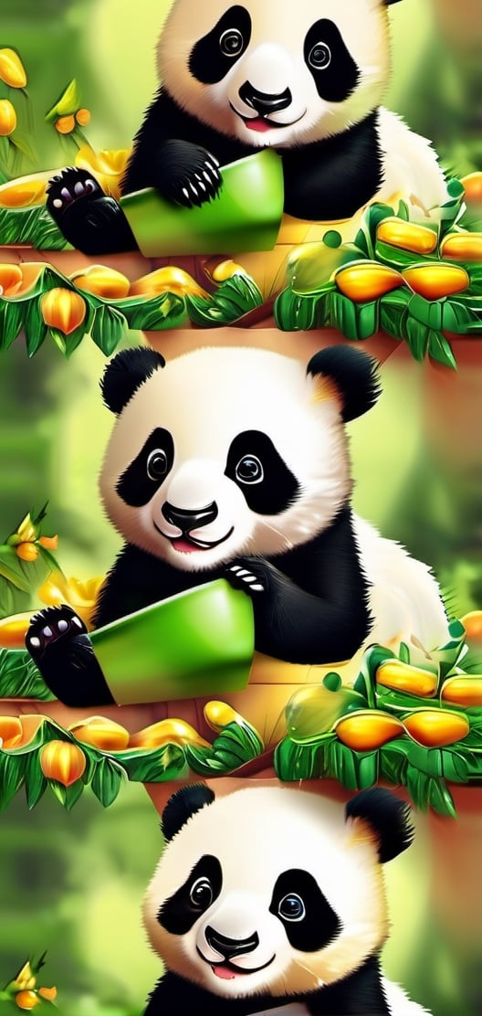 Create photo realistic baby panda playing with corn, cute , small, background of beautiful and green nature, bright colours.