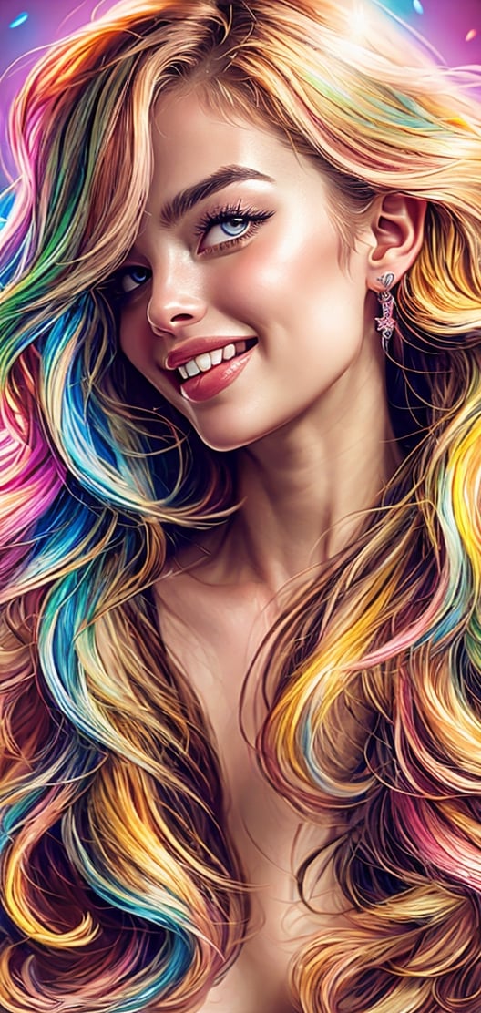 Create a image of beautiful girl laughing, multicolor_hair,multicolor eyes, long wavy hair, beautiful colours,detailed face , bright exspression.