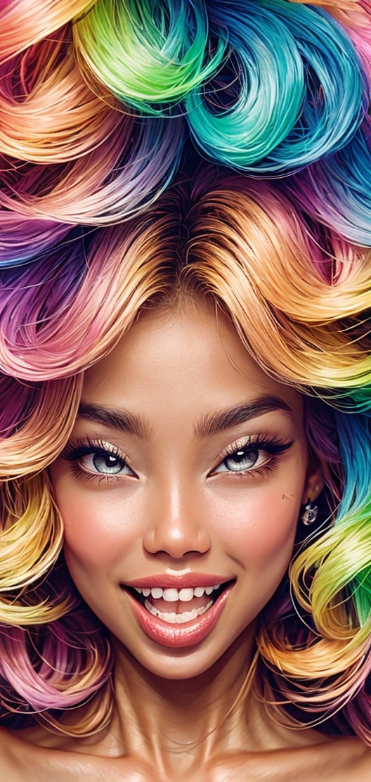 Create a image of beautiful girl laughing, multicolor_hair,multicolor eyes, long wavy hair, beautiful colours,detailed face , bright exspression.