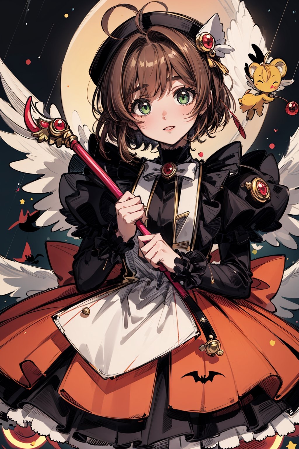 Tomoe, (masterpiece,  best quality,  highres:1.3),  ultra resolution image,  (1Girl),  (solo),  ligth brown hair,  short_hair,  light_green_eyes, style halloween, dark, nighttime,kinomoto sakura, a pumpkin hat, orange whit black dress, on her chest a black bow, fluffy dress, full moon, perspective from below, bats, climbing on their magic staff with wings, rain of candy, 1Kero, frame of a clow letter