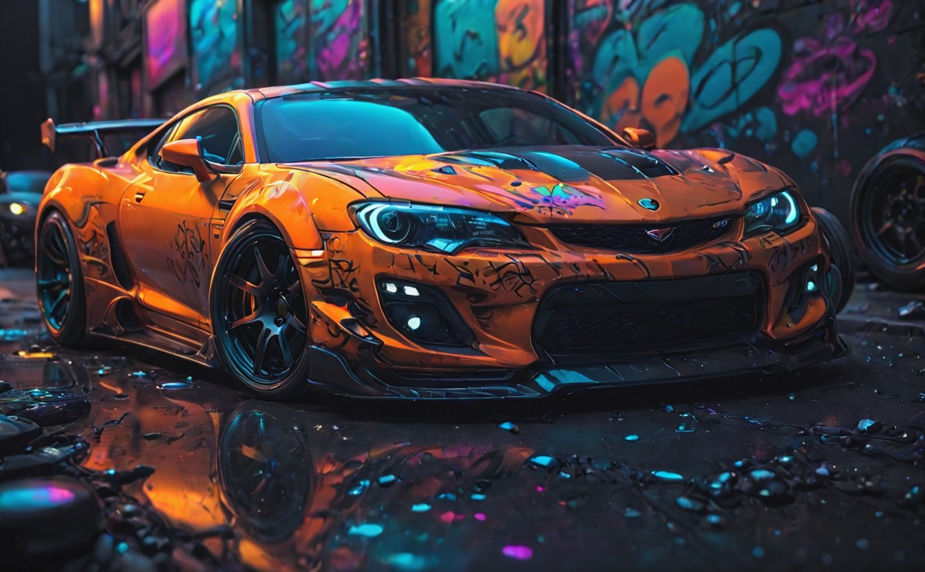 cyberpunk, line art, cartoon style, tuned orange  sport car with graffiti, graffiti, need for speed underground style, posing for poster, black glass, radial symmetry car wheels, neon, disney cartoon network, cartoon network character, comic painting, bold lines, shallow depth of field detailed background, bokeh.