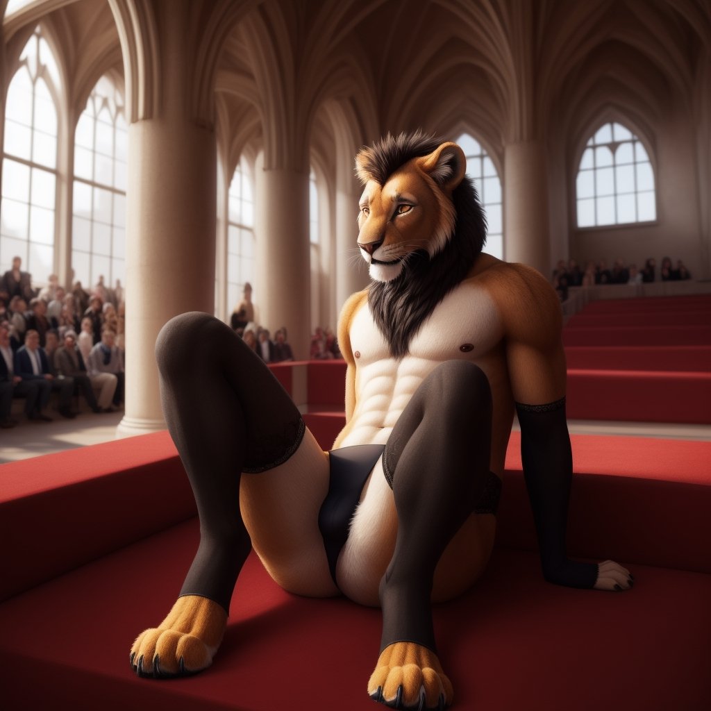 fantasy ,Full body, male ,anhtro , lion , paws ,Skinny body ,( femboy outfits, black panties ,black arm_warmers ,lingeries), niples, male_nipples ,shy, shy_expresion, blushing, sexy pose , castle ,interior of a castle, audience, audience, public, public reacts, full of anhtro people ,hyper realistic fur, natural fur, detailed fur, inner ear fluff, neck tuft, chest tuft, hindpaw,realistic fur ,fluffy ,realistic, photorealistic, every detail of this beautiful, insanely detailed, detailed background, insanely detailed, perfect composition, beautiful, detailed intricate, ultra realistic, 8k.