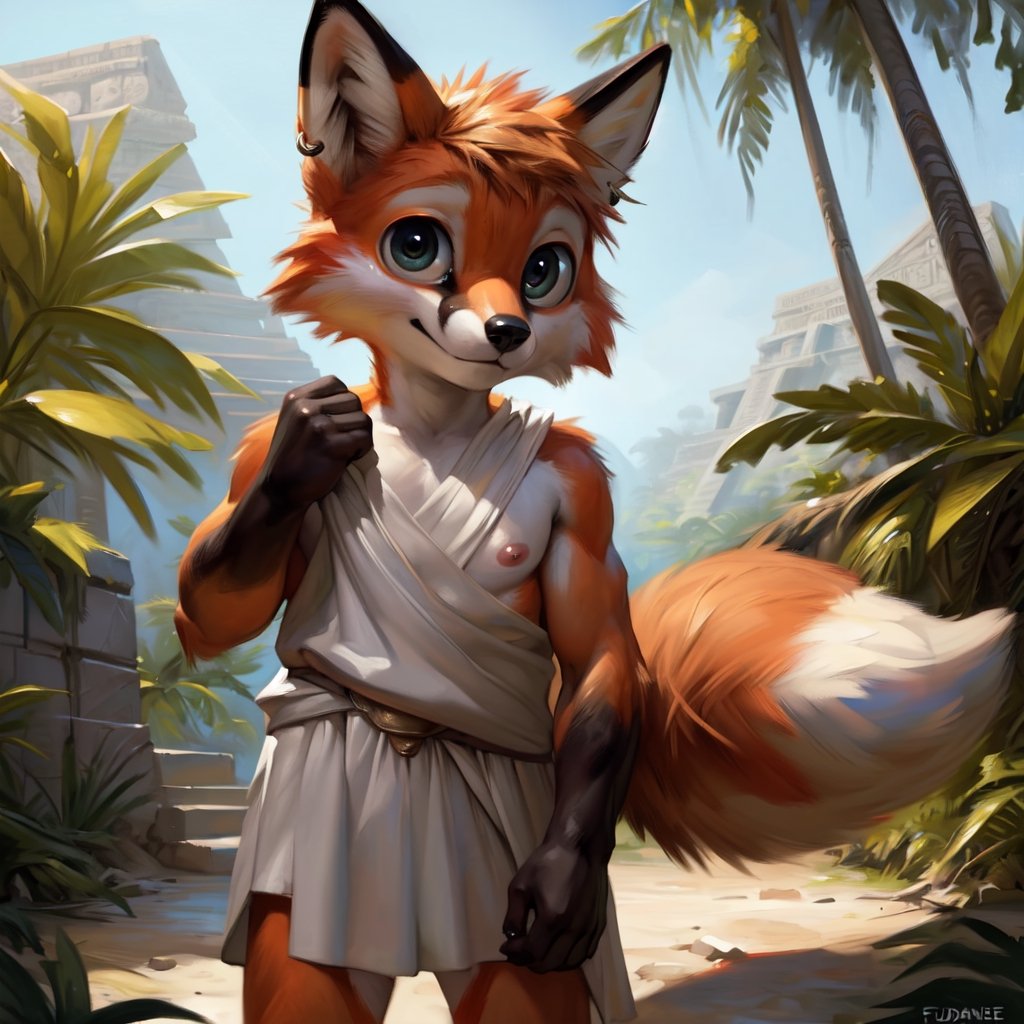 high_resolution, epic, depth of field, perfect lighting, (light particles), (best quality), (masterpiece), (ultra detailed), sharp focus, light particles, eyes, perfect eyes, anthropomorphic, masterpiece, highres, best quality, hd, 4k, 8k, ( male, male focus), eyes, perfect eyes), ((, fox, young, minor, shota, shotacon, curvy_figure, slim, thin, femboy, earrings, shy, cute:1.3)), ((( pink nipples, huge nipples, puffy nipples, huge aerola, puffy aerola))) ((( pose, posing, standing))), (((( ancient greek clothes )))), (((multicolored body, mulitcolored fur, extreme detailed skin, extreme detailed fur, animated eyes, beautiful eyes, detailed eyes, ((big eyes, cute eyes)), looking at viewer))), (( outdoors,Mayan temple, jungle, Mayan village)), (by taran fiddler), (by darkgem:0.8), (by chunie:1),