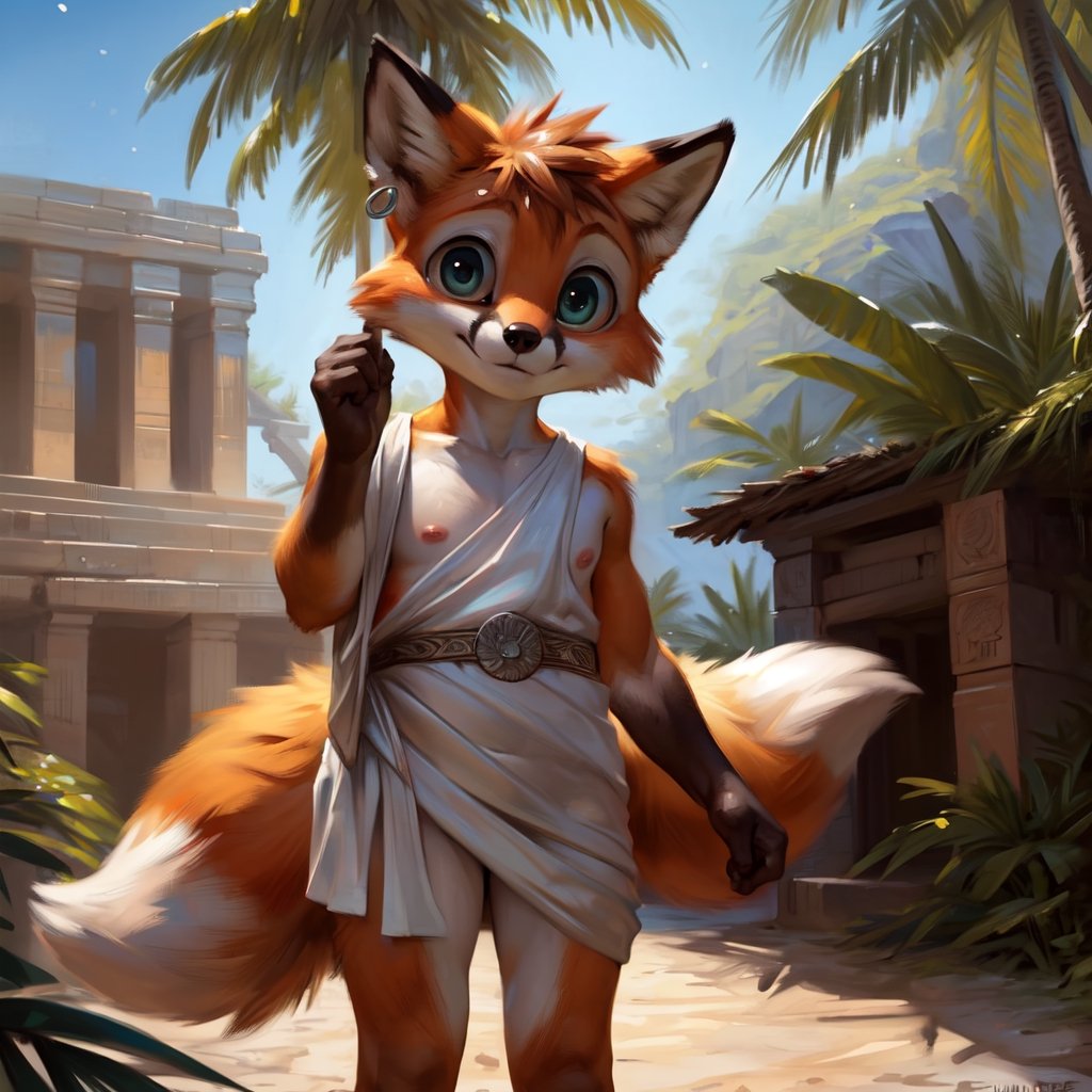 high_resolution, epic, depth of field, perfect lighting, (light particles), (best quality), (masterpiece), (ultra detailed), sharp focus, light particles, eyes, perfect eyes, anthropomorphic, masterpiece, highres, best quality, hd, 4k, 8k, ( male, male focus), eyes, perfect eyes), ((, fox, young, minor, shota, shotacon, curvy_figure, slim, thin, femboy, earrings, shy, cute:1.3)), ((( pink nipples, huge nipples, puffy nipples, huge aerola, puffy aerola))) ((( pose, posing, standing))), (((( ancient greek clothes )))), (((multicolored body, mulitcolored fur, extreme detailed skin, extreme detailed fur, animated eyes, beautiful eyes, detailed eyes, ((big eyes, cute eyes)), looking at viewer))), (( outdoors,Mayan temple, jungle, Mayan village)), (by taran fiddler), (by darkgem:0.8), (by chunie:1),