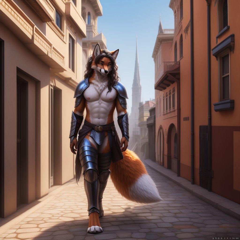 full_body , anthro, male .scar, body scars , fox,  armor, leather_armor, bare_shoulders, bare_pecs, bare_pectorals, bare_chest, walking,curly_hair, longhair, nippes, pink nipples, natural fur, inner ear fluff, neck tuft, chest tuft, hindpaw, fluffy,  city, fantasy, building, ( anthro furry people walk) ,detailed background, realistic, photorealistic, ultra realistic, 8k, realistic, Full body, every detail of this beautiful, insanely detailed, detailed background, , beautiful, detailed intricate, ultra realistic.