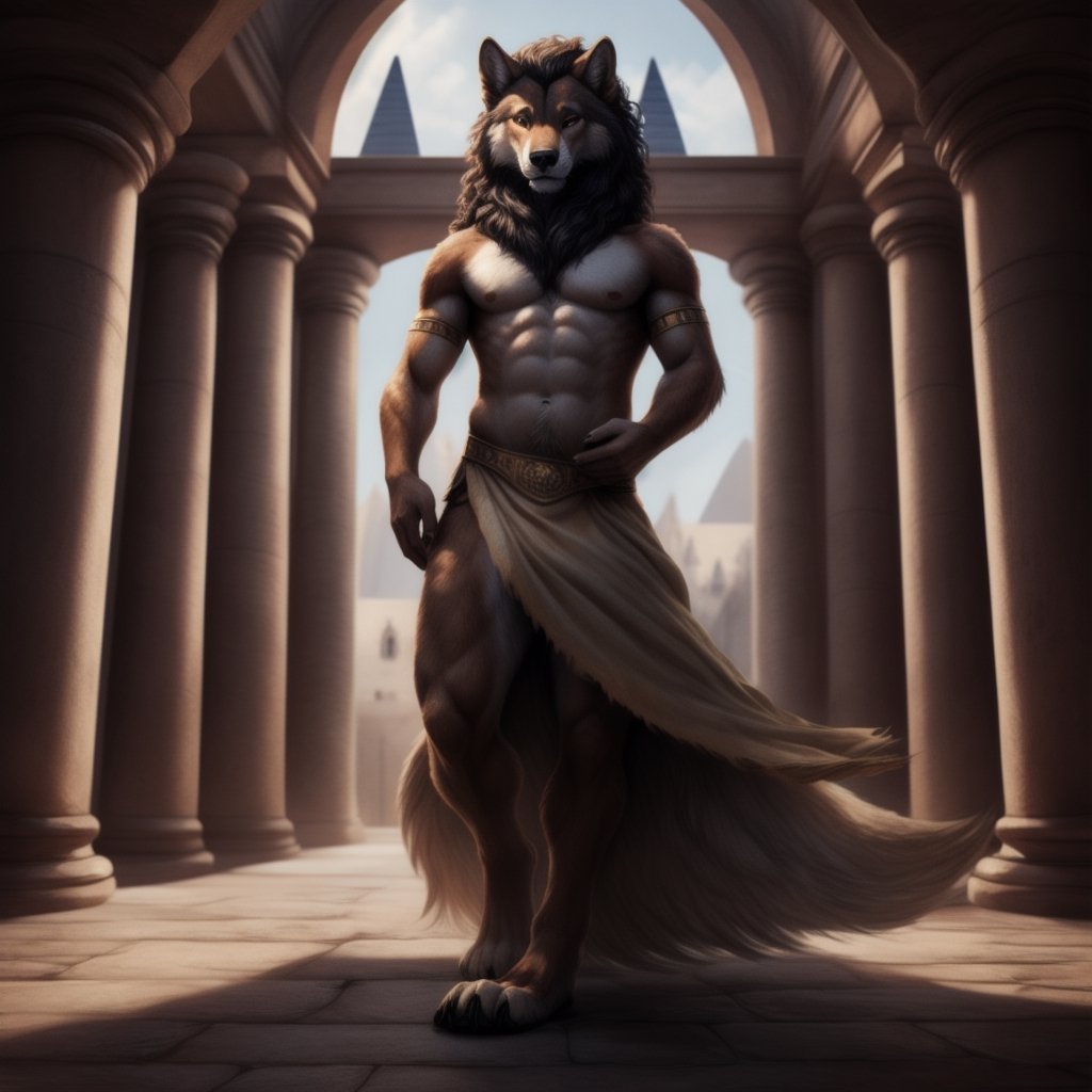 full_body, anthro, male, wolf, (wolf, dress, egyptian_dress, bare_pecs, bare_pectorals, bare_chest, lioncloth) ,dance, dancing, curly_hair, longhair, nippes, pink nipples, natural fur, inner ear fluff, neck tuft, chest tuft, hindpaw, fluffy, detailed fur, castle, throne room, public, audience, spectators, , fantasy, building, ( anthro furry people walk) , detailed background, realistic, photorealistic, ultra realistic, 8k, realistic, Full body, every detail of this beautiful, insanely detailed, detailed background, , beautiful, detailed intricate, ultra realistic.,perfecteyes, 5_figner, 