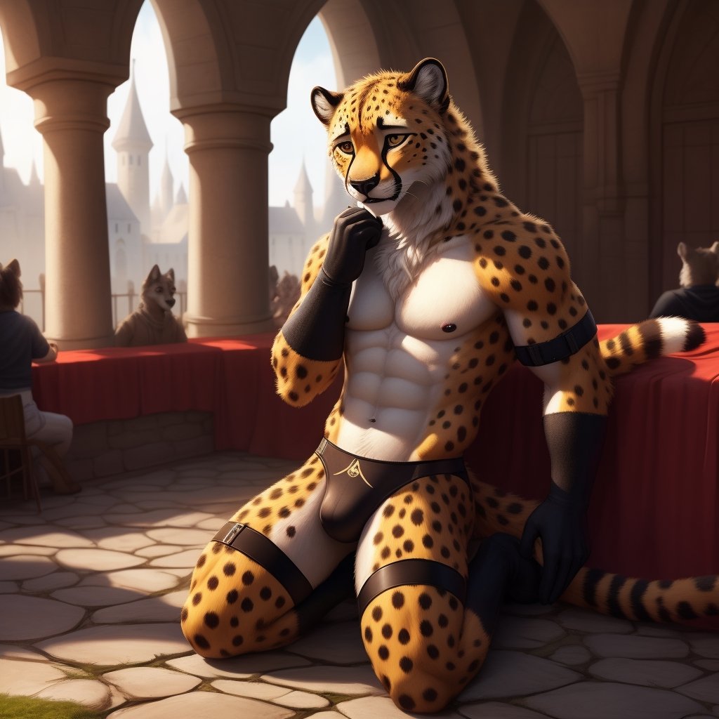 fantasy ,Full body, male ,anhtro , cheetah, paws ,Skinny body ,( femboy outfits, black panties ,black arm_warmers ,lingeries), niples, male_nipples ,shy, shy_expresion, blushing, sexy pose , castle ,interior of a castle, audience, audience, public, public reacts, full of anhtro people ,hyper realistic fur, natural fur, detailed fur, inner ear fluff, neck tuft, chest tuft, hindpaw,realistic fur ,fluffy ,realistic, photorealistic, every detail of this beautiful, insanely detailed, detailed background, insanely detailed, perfect composition, beautiful, detailed intricate, ultra realistic, 8k.