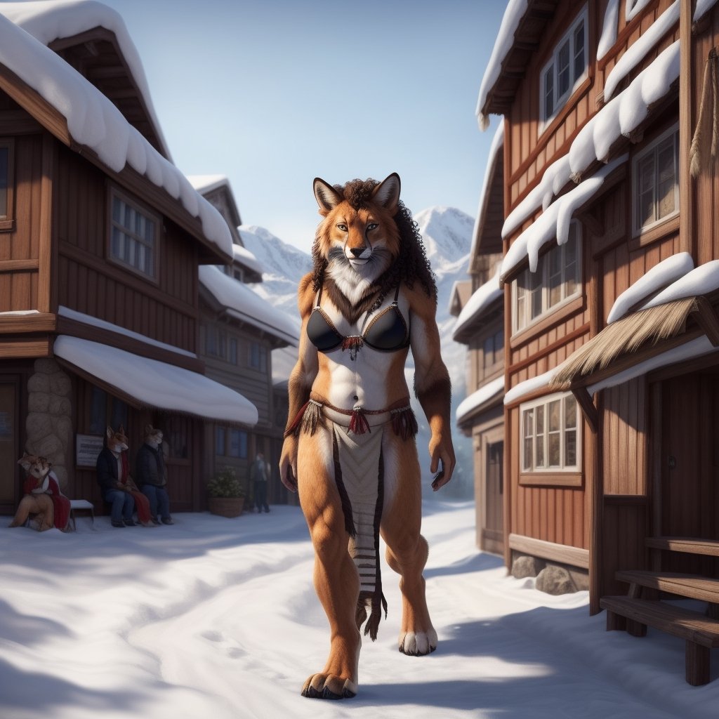 anthro, fox, female, female body, (tribal cloths, tribal, bra ,lioncloth,) , breast, boobs , curly_hair, longhair, exposed_navel , natural fur, inner ear fluff, neck tuft, chest tuft, hindpaw, fluffy, village, nordic village, public, audience, spectators, fantasy,detailed background, realistic, photorealistic, ultra realistic, 8k, realistic, Full body, every detail of this beautiful, insanely detailed, detailed background, , beautiful, detailed intricate, ultra realistic