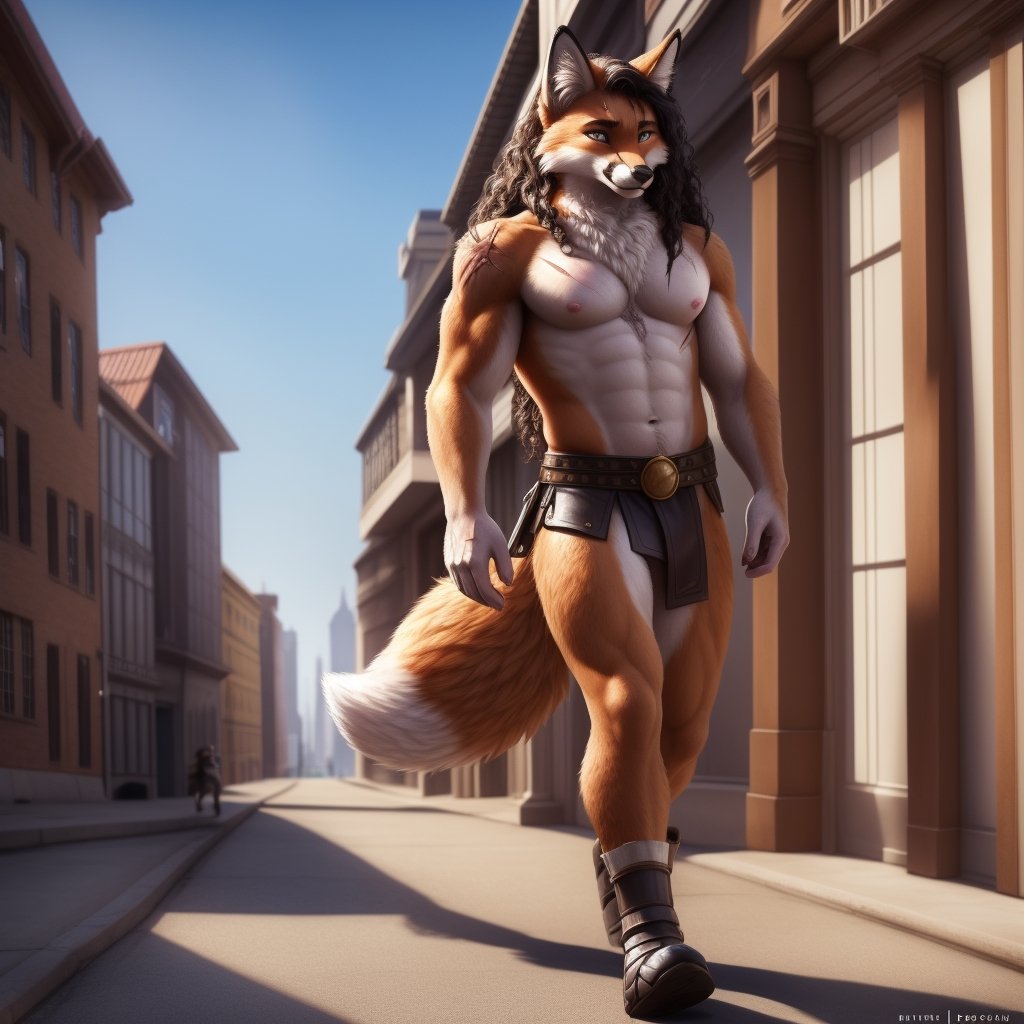 full_body , anthro, male .scar, body scars , fox,  armor, leather_armor, bare_shoulders, bare_pecs, bare_pectorals, bare_chest, walking,curly_hair, longhair, nippes, pink nipples, natural fur, inner ear fluff, neck tuft, chest tuft, hindpaw, fluffy,  city, fantasy, building, ( anthro furry people walk) ,detailed background, realistic, photorealistic, ultra realistic, 8k, realistic, Full body, every detail of this beautiful, insanely detailed, detailed background, , beautiful, detailed intricate, ultra realistic.