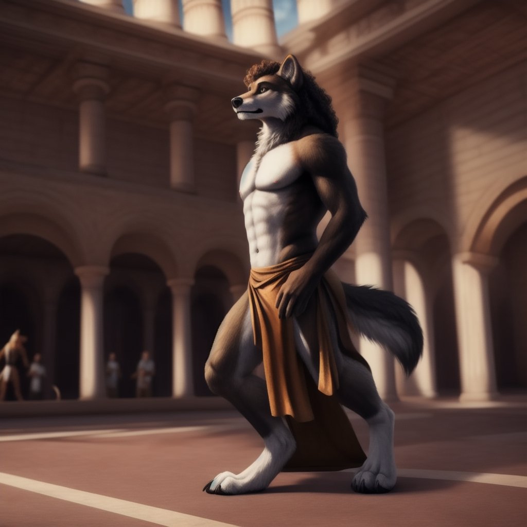 full_body, anthro, male, wolf, (wolf, dress, egyptian_dress, bare_pecs, bare_pectorals, bare_chest, lioncloth) ,dance, dancing, curly_hair, longhair, nippes, pink nipples, natural fur, inner ear fluff, neck tuft, chest tuft, hindpaw, fluffy, detailed fur, castle, throne room, public, audience, spectators, , fantasy, building, ( anthro furry people walk) , detailed background, realistic, photorealistic, ultra realistic, 8k, realistic, Full body, every detail of this beautiful, insanely detailed, detailed background, , beautiful, detailed intricate, ultra realistic.,perfecteyes, 5_figner, 