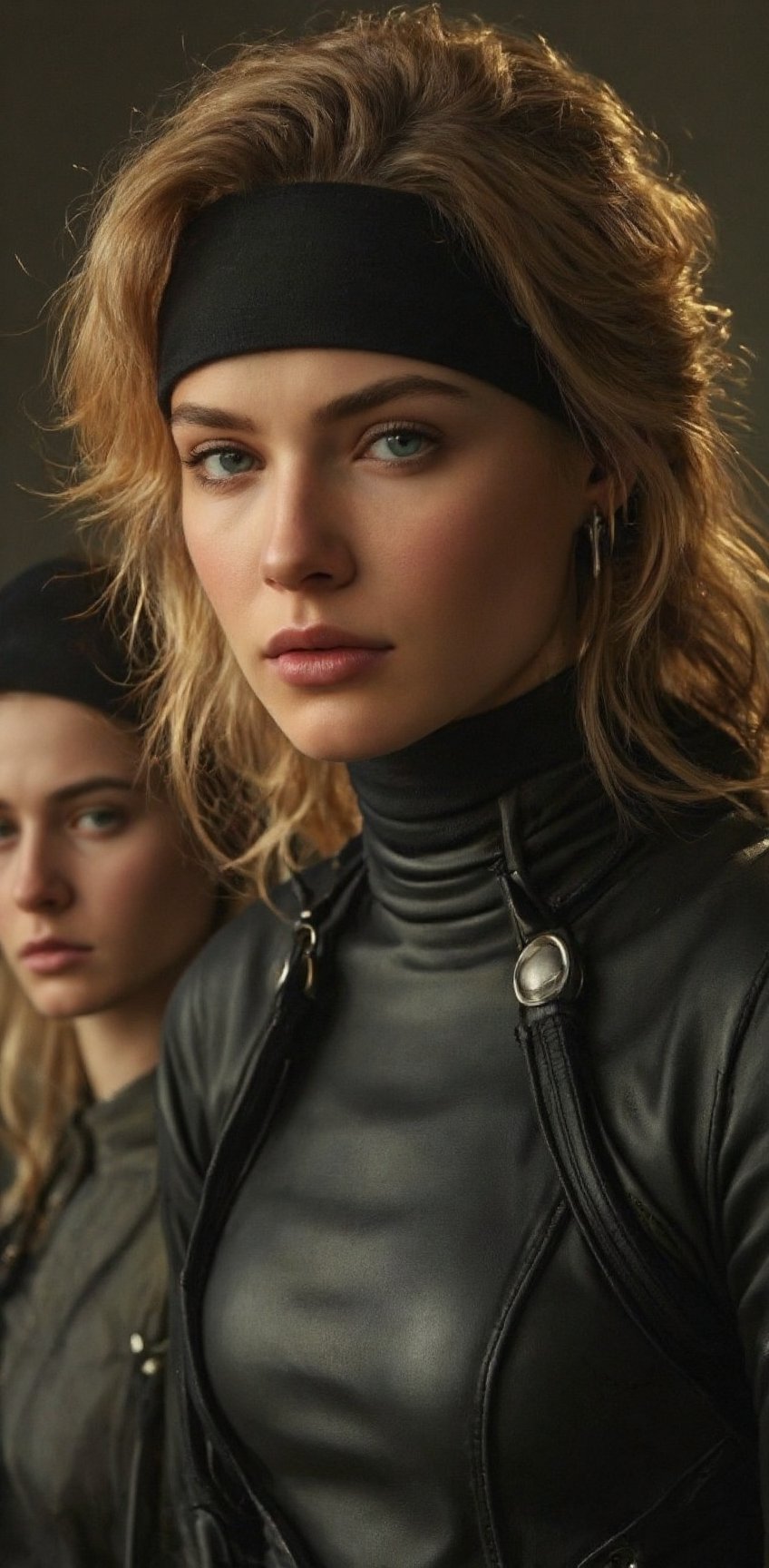 a female warrior is depicted in a close-up shot. She is dressed in a black leather outfit,  adorned with a black headband...