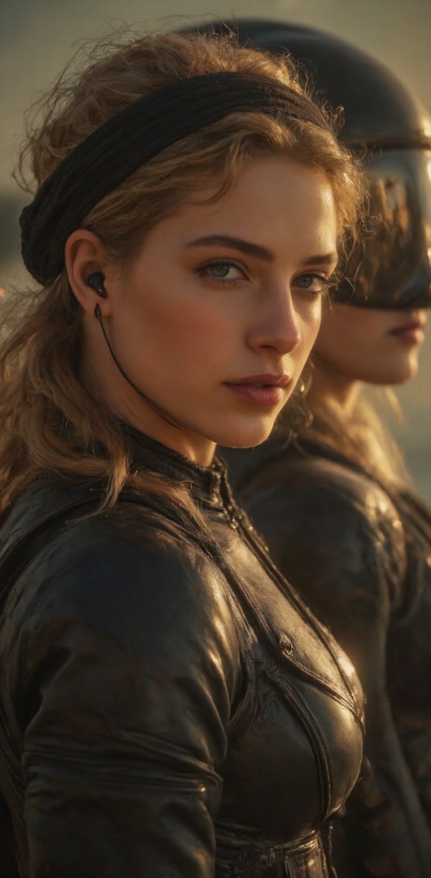 a female warrior is depicted in a close-up shot. She is dressed in a black leather outfit,  adorned with a black headband...
