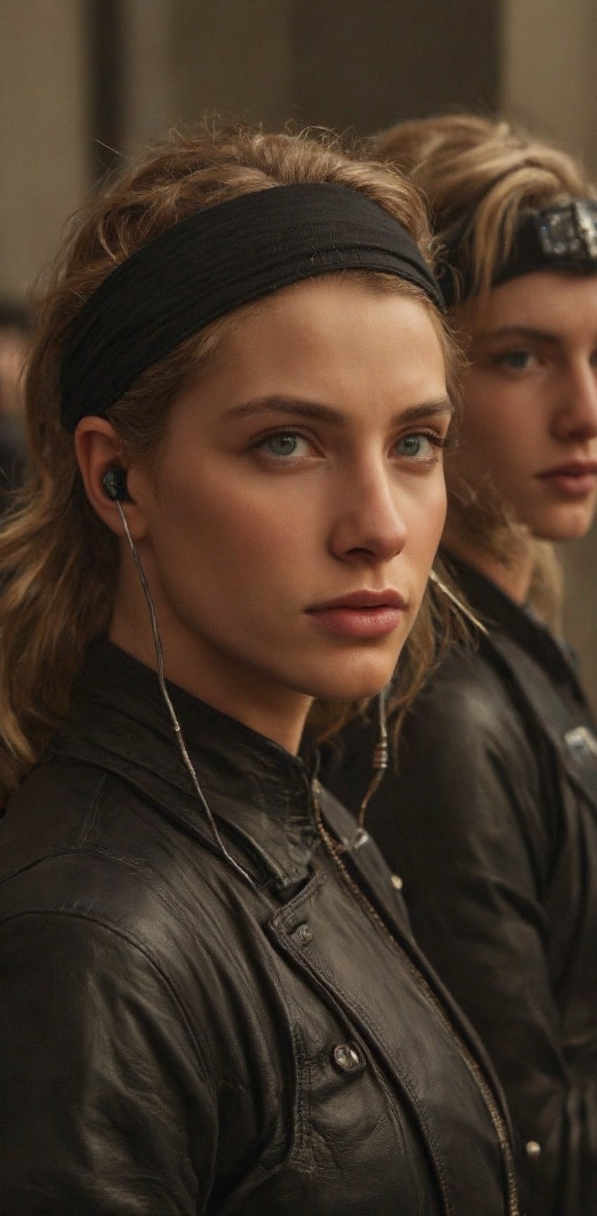 a female warrior is depicted in a close-up shot. She is dressed in a black leather outfit,  adorned with a black headband...