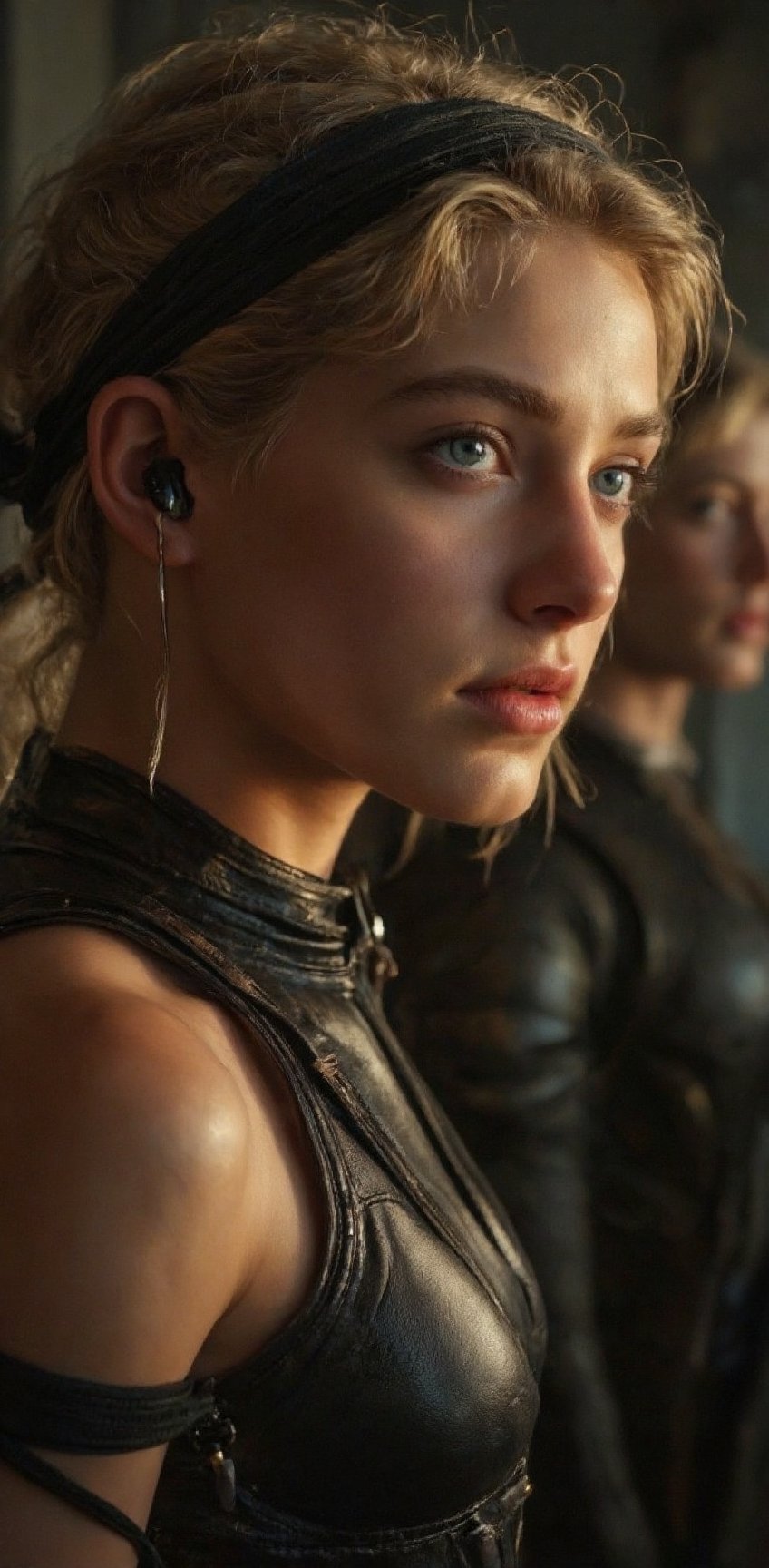 a female warrior is depicted in a close-up shot. She is dressed in a black leather outfit,  adorned with a black headband...