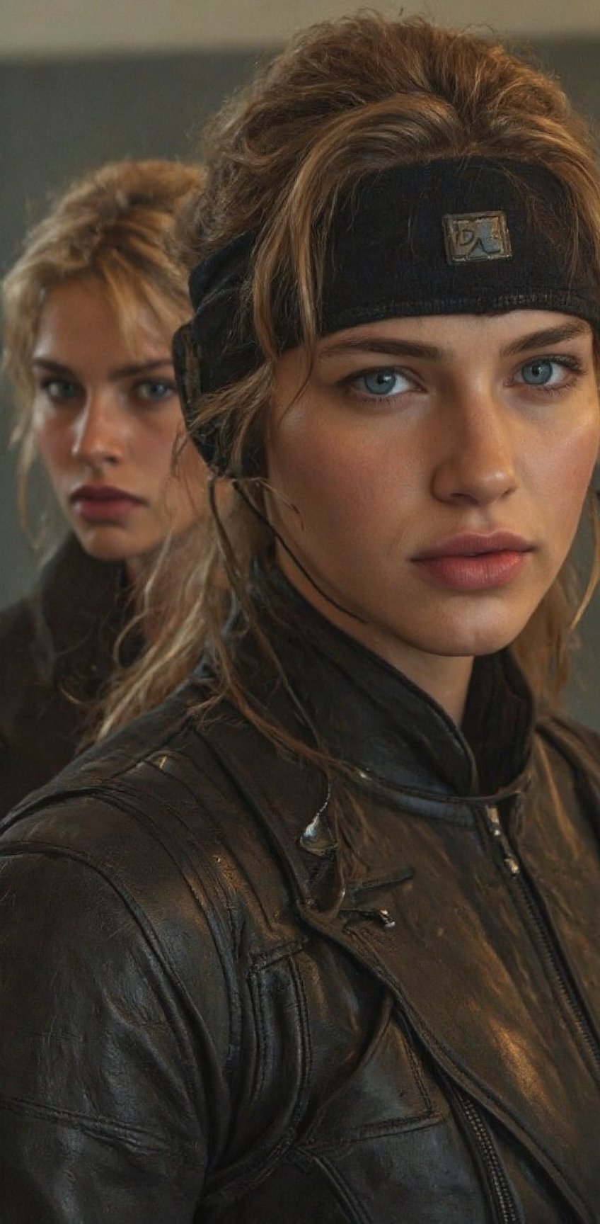 a female warrior is depicted in a close-up shot. She is dressed in a black leather outfit,  adorned with a black headband...