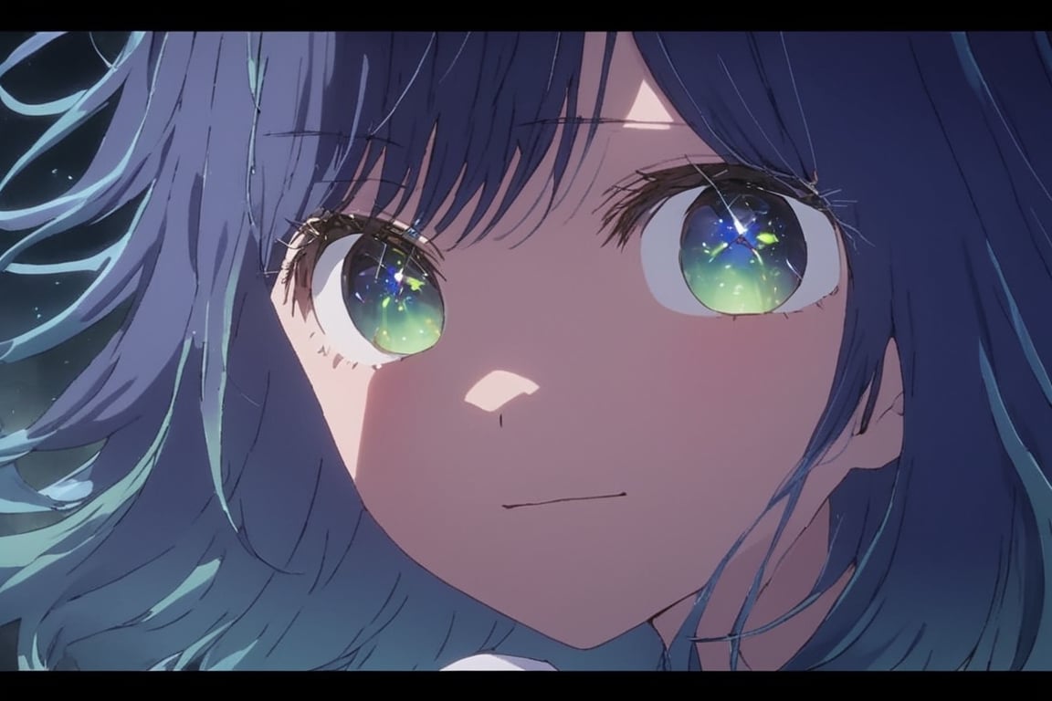 face focus, cute, masterpiece, best quality, 1girl, black background, highly detailed eyes, perfect lighting, looking at viewer,  light particle, solo, standing, pixiv, depth of field, cinematic compotision, looking up ,blue hair,1girl, solo, green eyes, blue hair, medium_hair, gradient hair,