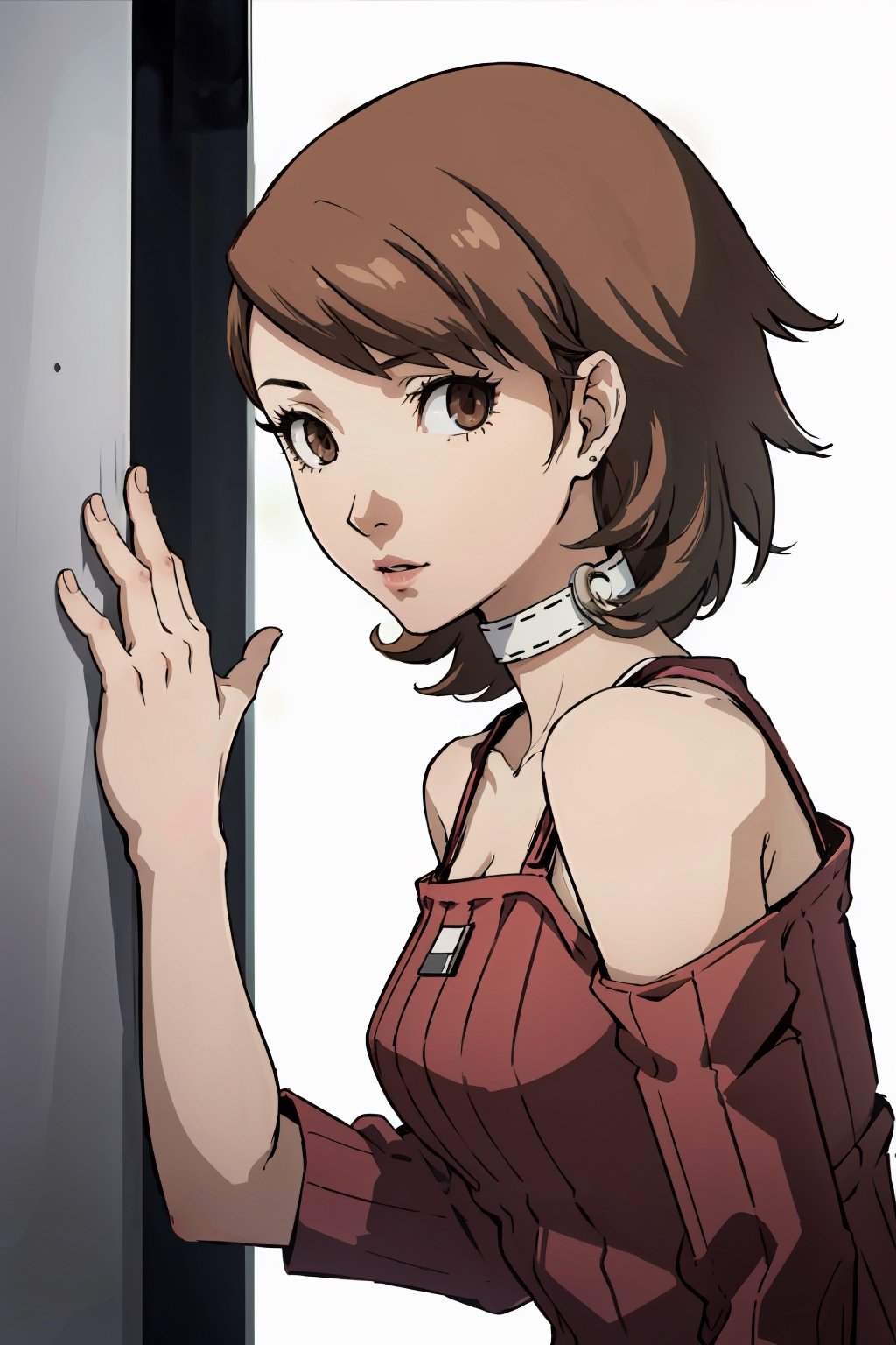 ((masterpiece, best quality)) Persona3Yukari, 1girl, solo, short hair, brown hair, brown eyes, leaning_forward, upper_body,Persona3Yukari, white choker, bending over , viewed from side