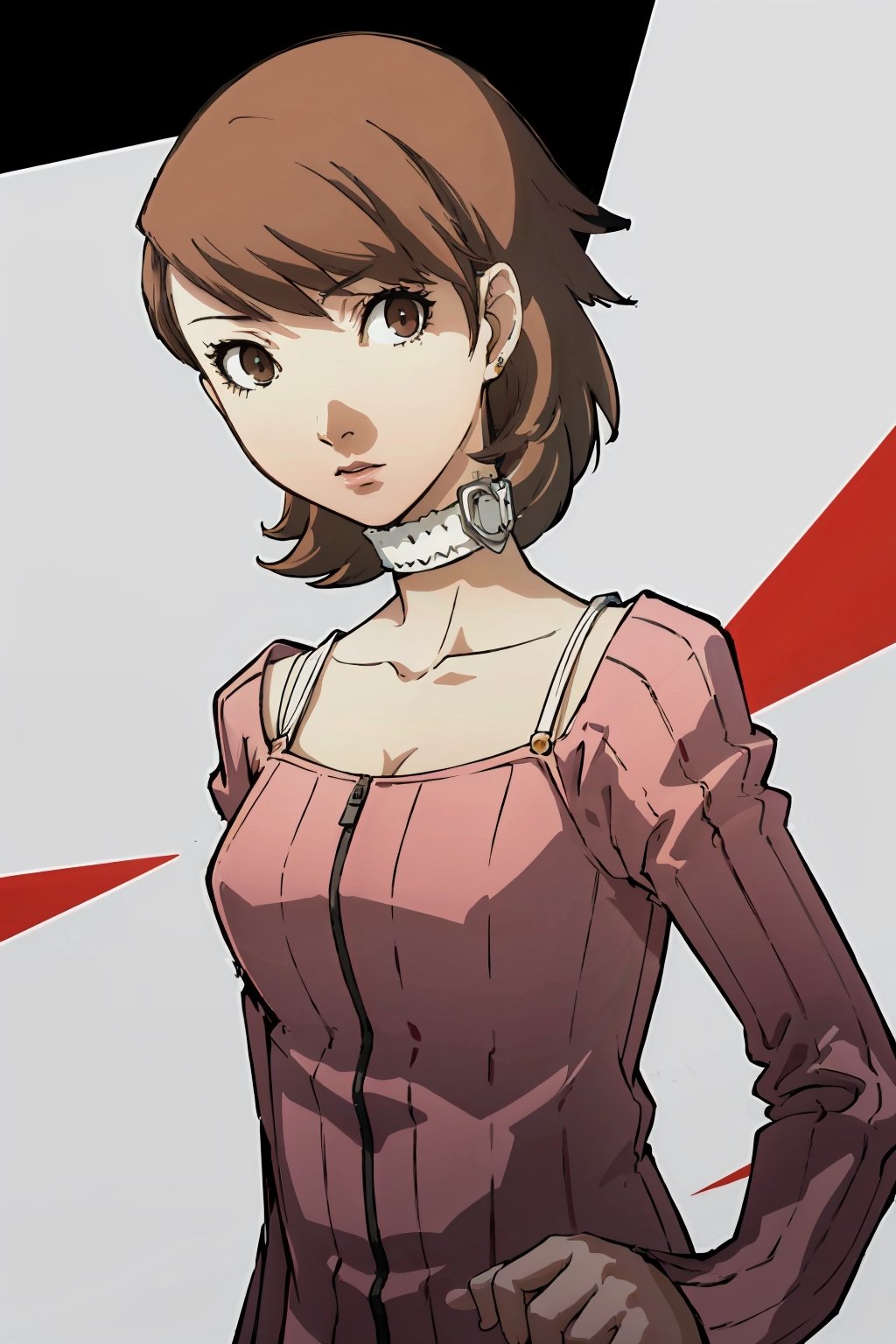 ((masterpiece, best quality)) Persona3Yukari, 1girl, solo, short hair, brown hair, brown eyes, leaning_forward, upper_body,Persona3Yukari, white choker, 