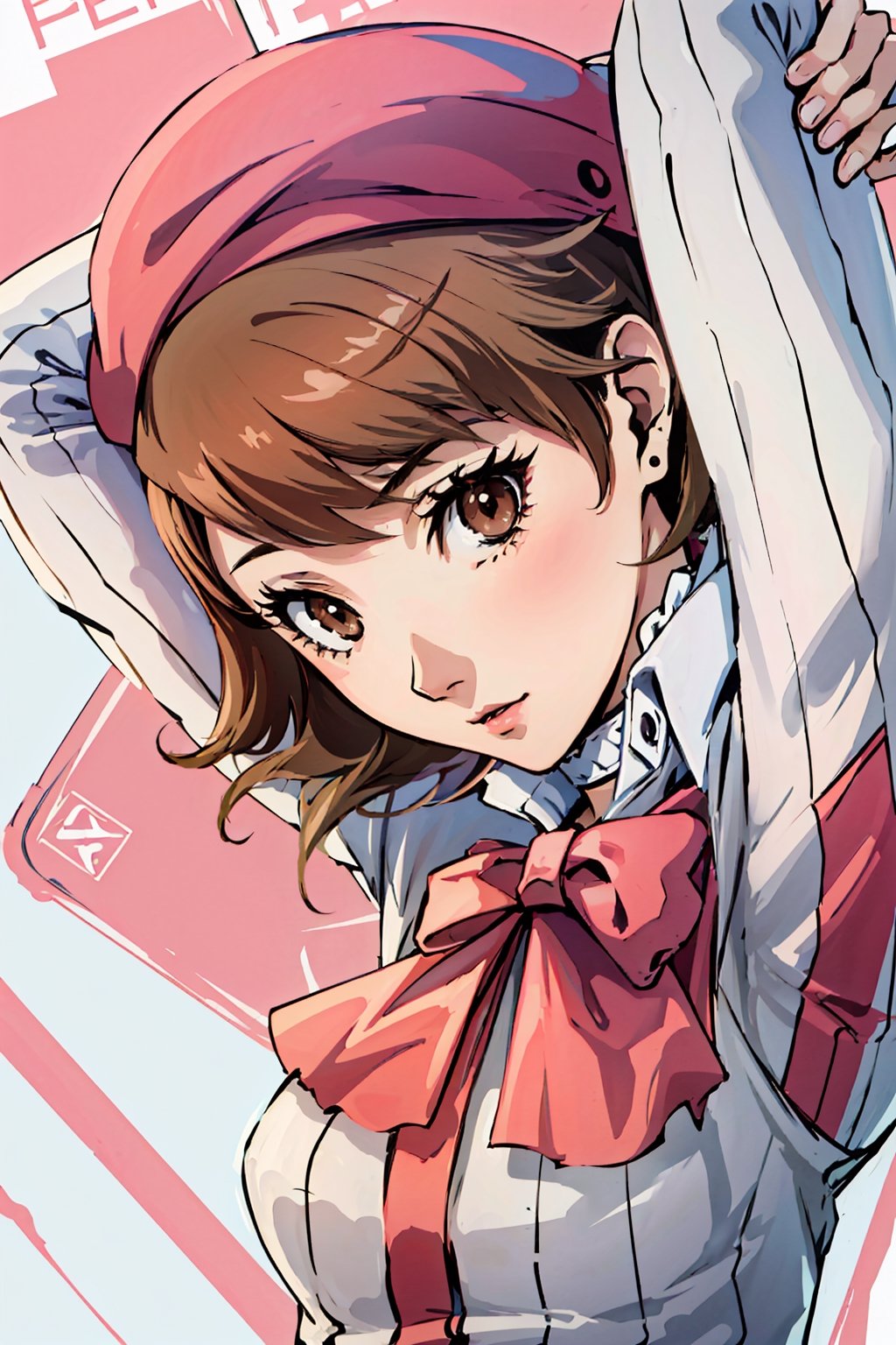 ((masterpiece, best quality)) Persona3Yukari, 1girl, solo, short hair, brown hair, brown eyes, upper_body,Persona3Yukari, white choker,viewed from side, arms_above_head , pink and white themed dress, pink cap