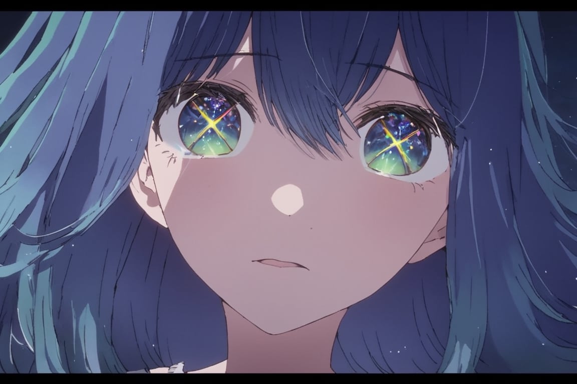 face focus, cute, masterpiece, best quality, 1girl, black background, highly detailed eyes, perfect lighting, looking at viewer,  light particle, solo, standing, pixiv, depth of field, cinematic compotision, looking up ,blue hair,1girl, solo, green eyes, blue hair, medium_hair, gradient hair,