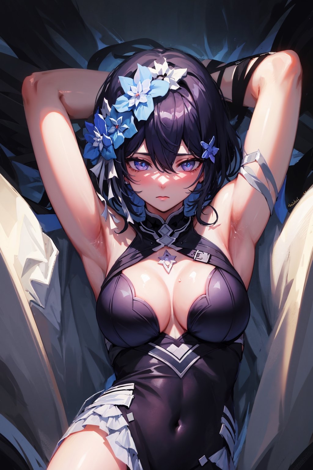 (highly detailed:1.3),1girl, solo,, horb, upper_body, wariza, Ultra-detail, (highres:1.1), best quality, (masterpiece:1.3), cinematic lighting,dark blue abstract background, white skirt, medium_breasts,wearing white dress sexy