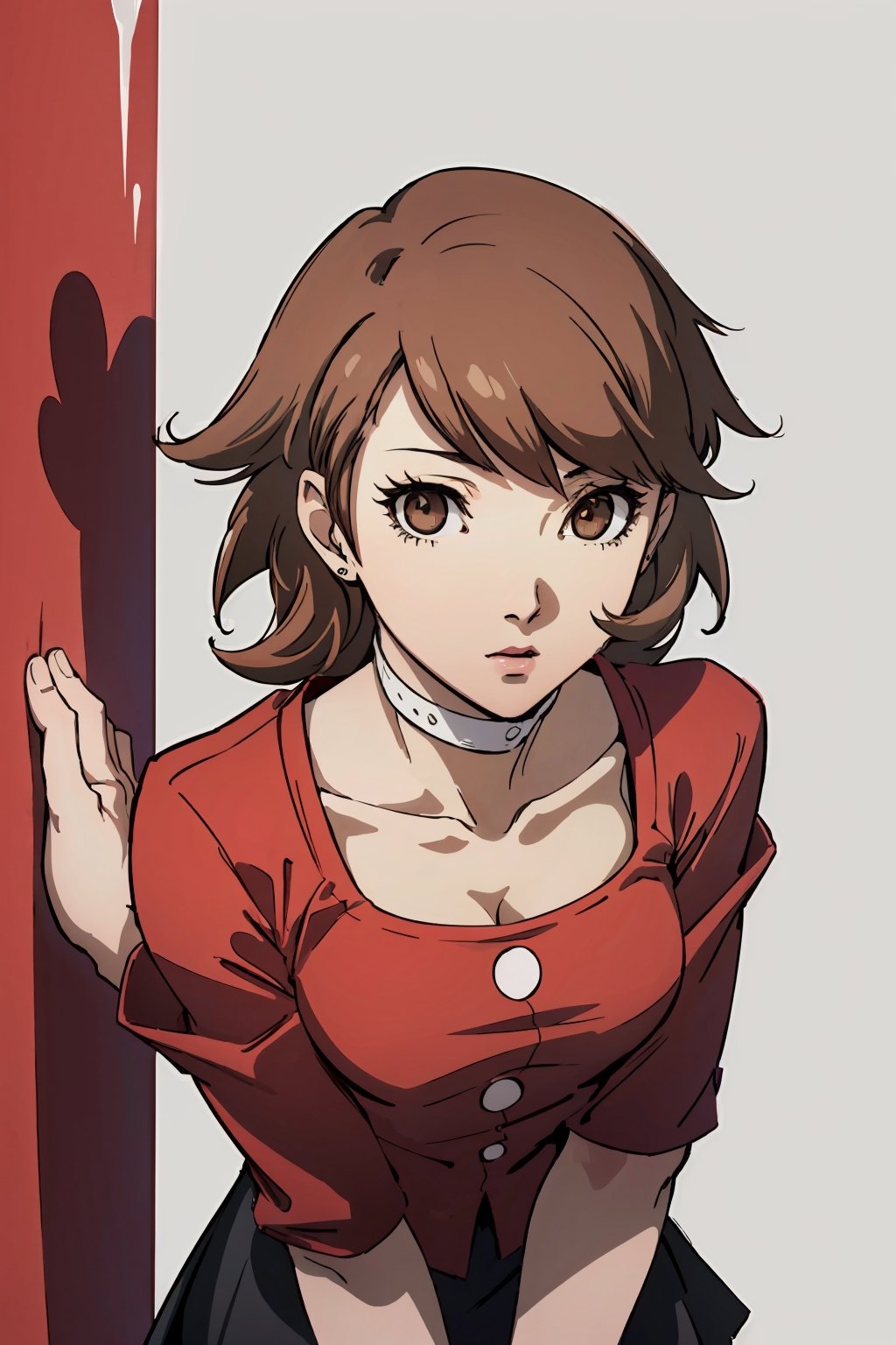 ((masterpiece, best quality)) Persona3Yukari, 1girl, solo, short hair, brown hair, brown eyes, leaning_forward, upper_body,Persona3Yukari, white choker, bending over 