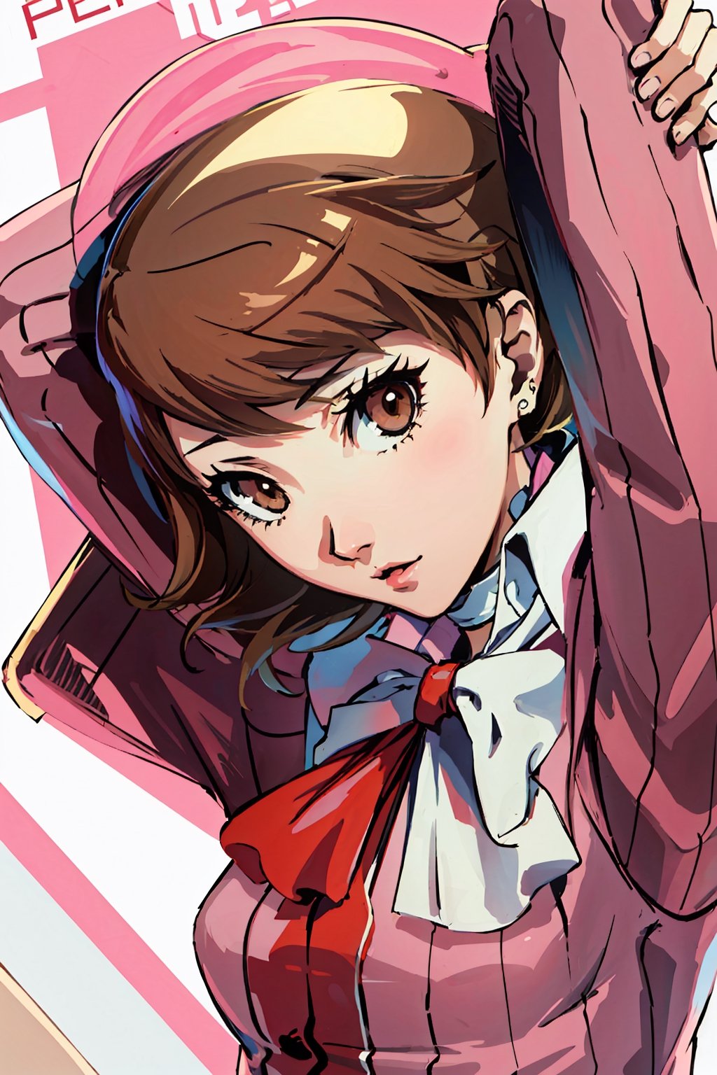 ((masterpiece, best quality)) Persona3Yukari, 1girl, solo, short hair, brown hair, brown eyes, upper_body,Persona3Yukari, white choker,viewed from side, arms_above_head , pink and white themed dress