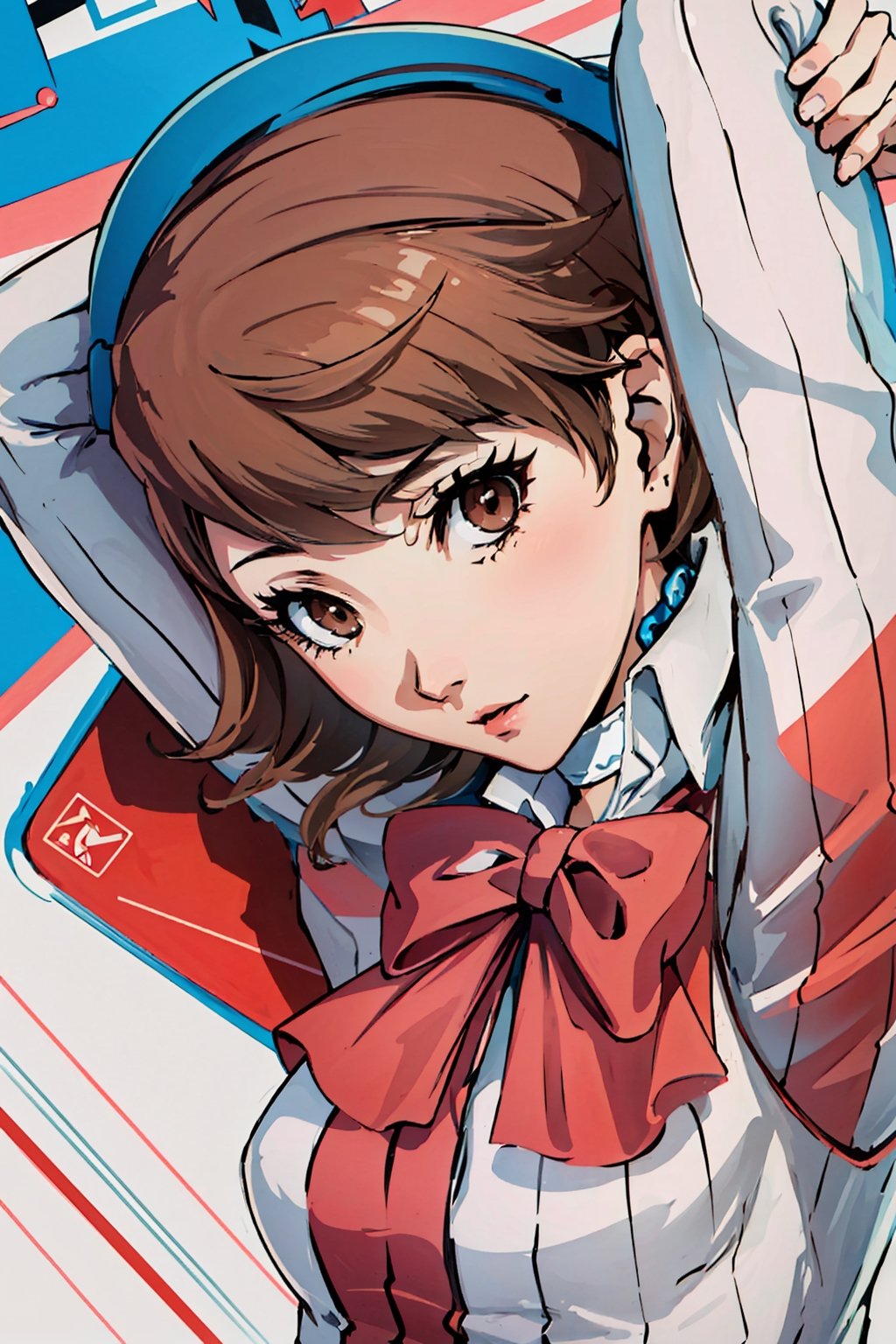 ((masterpiece, best quality)) Persona3Yukari, 1girl, solo, short hair, brown hair, brown eyes, upper_body,Persona3Yukari, white choker,viewed from side, arms_above_head , pink and white themed dress