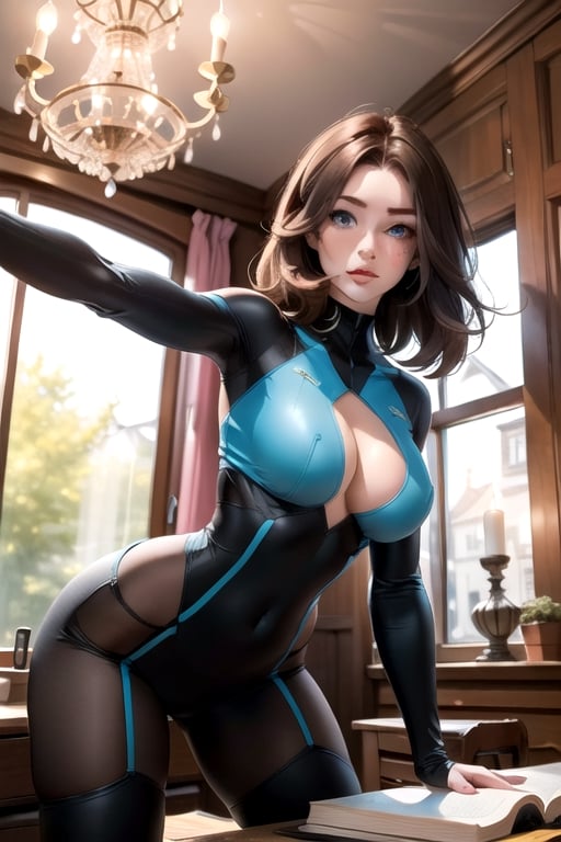  1woman medium length brown hair,  blue eyes,  black see-through bodysuit,  (standing), (large breasts:1.3),  medium length hair,  brown hair,  blue eyes, ,  ,  upper body,  (dynamic poses:1.2),  indoors,  window,  book shelf,  chandelier,  decorations
 