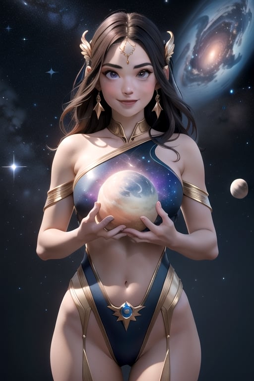  Generate an ultra-realistic 8K HD image of a powerful woman, resembling the goddess of the universe, holding the cosmos in both her hands with a gentle smile. Surround her with a breathtaking cosmic backdrop, filled with vividly colored cosmic dust, shimmering stars, and celestial bodies, making the entire scene come to life with mesmerizing realism