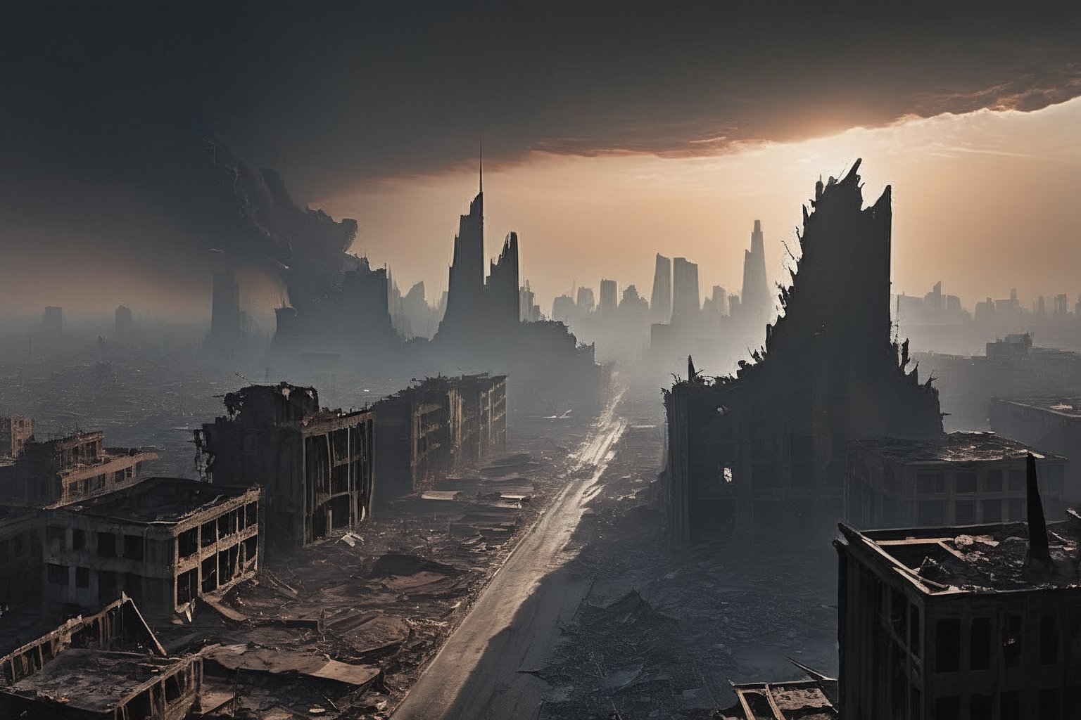 Ravaged streetscape: Amidst thick, apocalyptic haze, jagged skyscraper silhouettes pierce the sky. A massive fissure yawns open, splitting the Earth's crust as desolate streets lie still. In foreground, skeletal structures like bony fingers stretch towards darkening horizon, pleading for redemption from impending cataclysm. The ruins of once-thriving metropolis now beset by eternal twilight.,ruins scene,FuturEvoLabScene