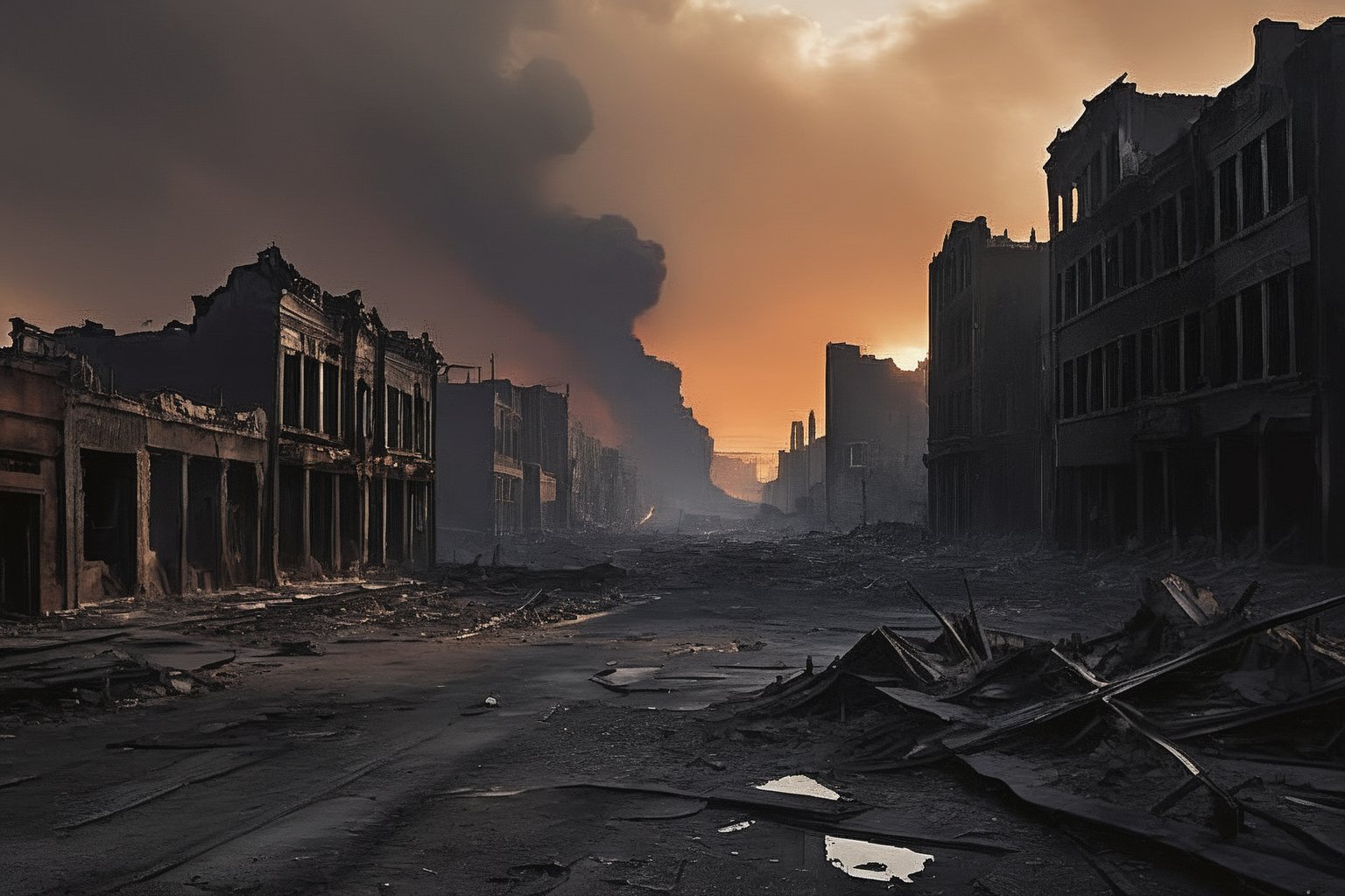 In a ravaged urban landscape, a smoldering apocalypse unfolds amidst crumbling buildings and their jagged silhouettes piercing the thickly veiled sky. A massive fissure tears through the Earth's crust, as once- thriving streets now lay desolate and eerily still. In the foreground, skeletal structures like bony fingers stretch towards a darkening horizon, beseeching redemption from an impending cataclysm.