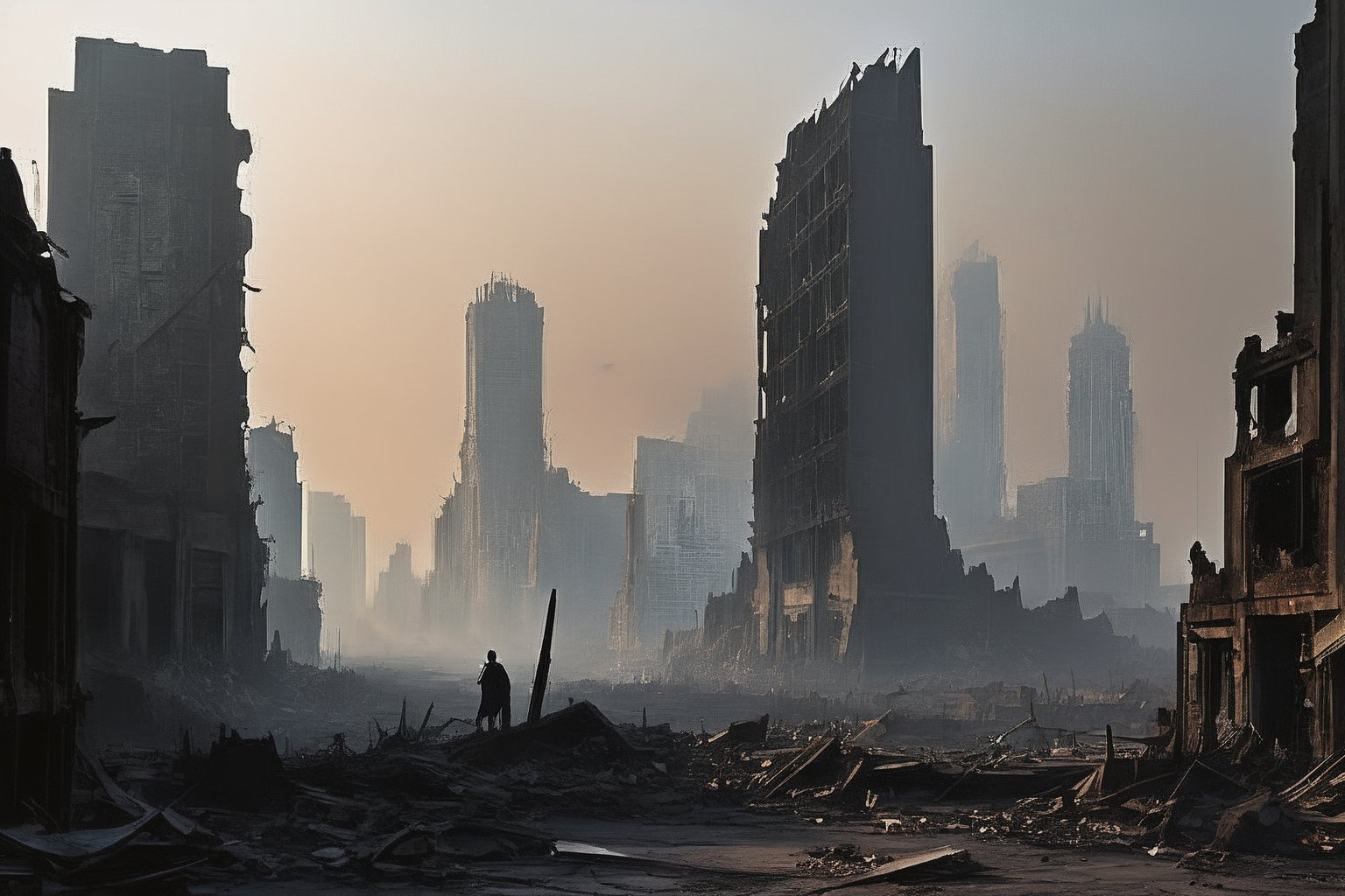 Ravaged streetscape: Amidst thick, apocalyptic haze, jagged skyscraper silhouettes pierce the sky. A massive fissure yawns open, splitting the Earth's crust as desolate streets lie still. In foreground, skeletal structures like bony fingers stretch towards darkening horizon, pleading for redemption from impending cataclysm. The ruins of once-thriving metropolis now beset by eternal twilight.,ruins scene,FuturEvoLabScene