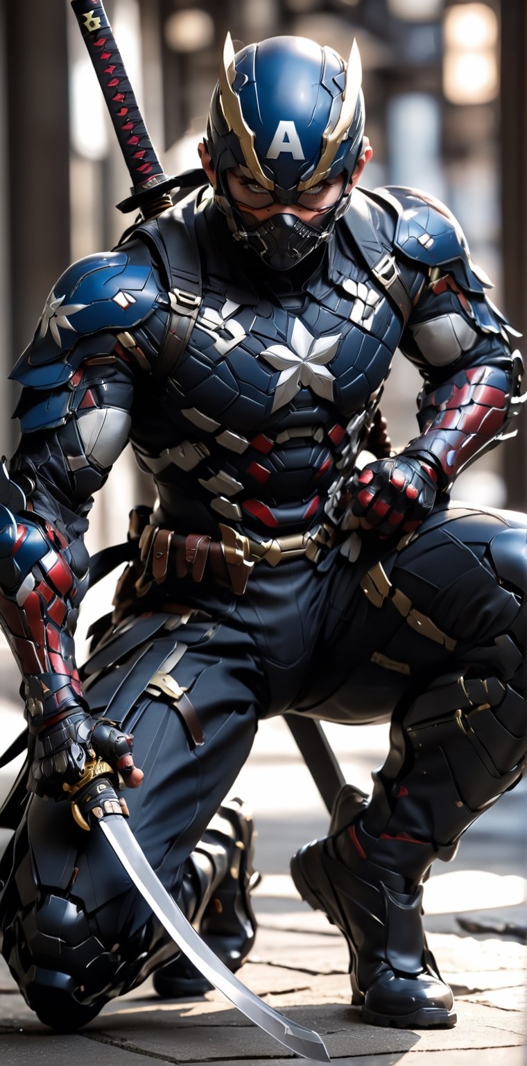 solo, 1boy, full body, weapon, male focus, sword, armor, blurry, bodysuit, mask, blurry background, squatting, katana, sheath, sheathed, japanese armor, one knee, superhero, weapon on back, captain america 
web print