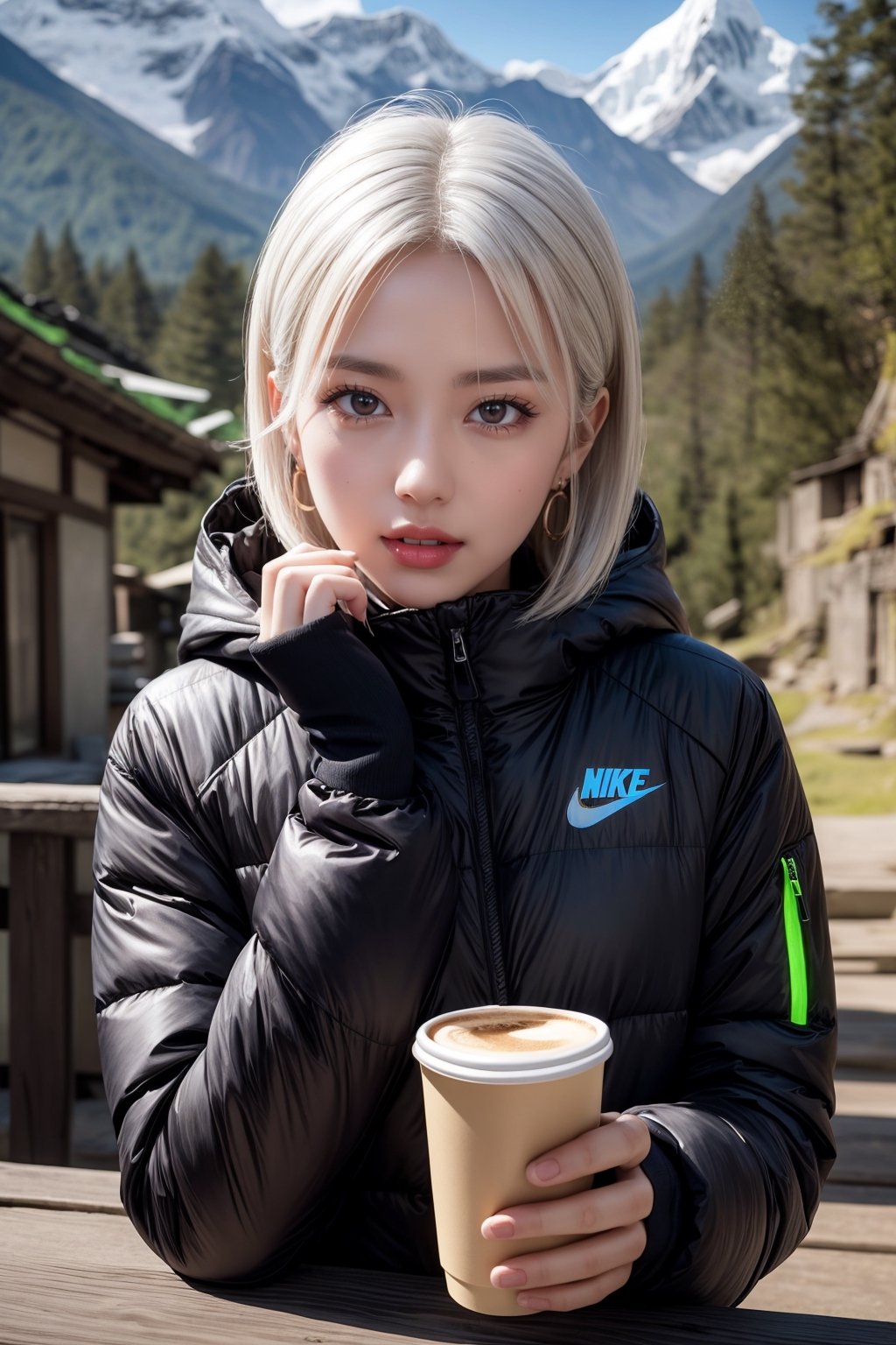 a beautiful and cute Woman wearing a nike winter jacket, disfigured forms, short neon white hair, big breats, holding a cup of coffe, came down while random sexy pose at nepal, Annapurna Sanctuary outdoor and her friend took a photo
.
nepal, Annapurna Sanctuary masterpiece, photorealistic, best quality, skin details, 8k intri, HDR, half body, cinematic lighting, sharp focus, eyeliner, lips, earrings, hmmikasa, long hair,