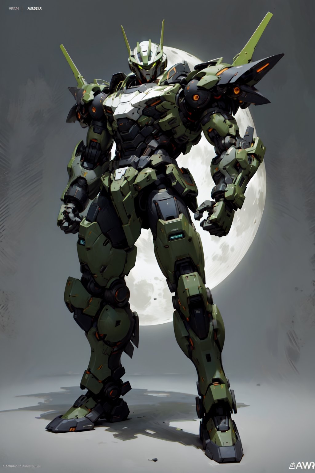 Mech solo, hulk colorway, standing, full body, grey background, no humans, robots in background, mecha, clenched hands, science fiction, looking ahead hero stance, nighttime scene full_moon, 