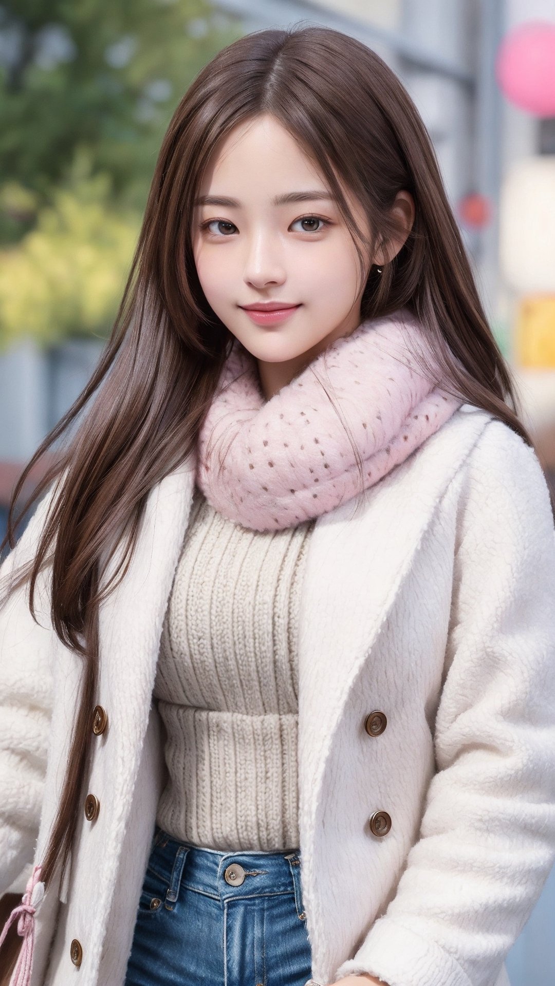 photorealism, masterpiece, highest quality, original photo, 1 girl, solo, long hair, brown hair, detailed face, perfect face, looking at the photographer, smile and happy, pink and white ruffled top and jeans, long woolen coat, long furry scarf, dynamic poses, looking at viewer, from below, detailed background, detailed, intricate detail, ray tracing, depth of field, low key, HDR