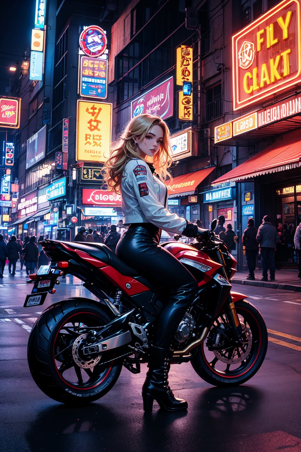 A stunning masterpiece of a young woman stands confidently outdoors at night, her long blonde hair flowing in the wind. She wears a white jacket with open coat, showcasing a delicate drawing of intricate details on her shirt and pants. Her eyes gaze directly at the viewer, framed by tinted eyewear and adorned with earrings. A motor vehicle glides by in the background, while city lights reflect off the road. The atmosphere is illuminated by a neon sign in the distance, casting a beautiful glow around our 1girl protagonist. Her boots and ankle boots gleam with a high-shine finish, complementing her wavy hair styled in a flowing manner. She appears to be riding a motorcycle, her hand resting casually in her pocket as she takes in the cityscape.,Enhance,neon light,LED