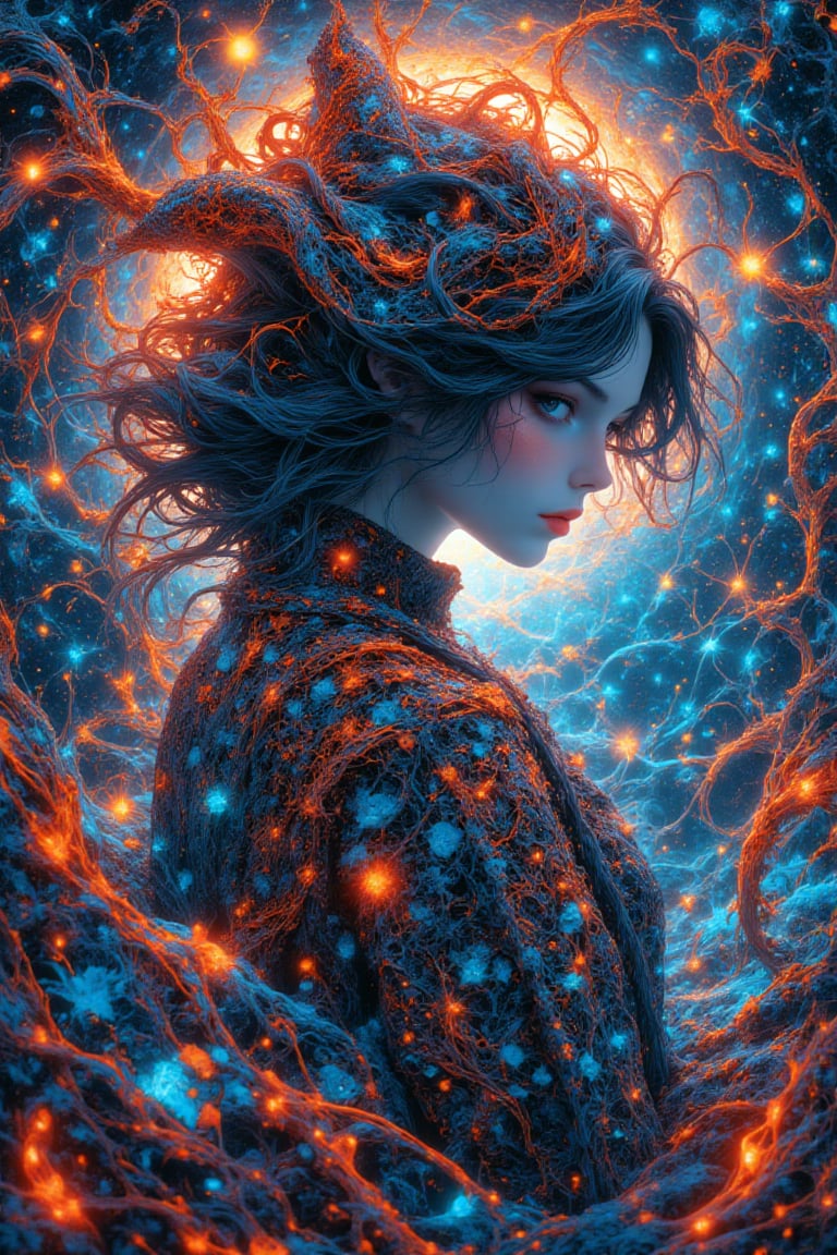 A breathtaking and ultra-detailed 8K wallpaper featuring official art of a single girl immersed in a mesmerizing blend of zentangle, mandala, and fractal art elements, capturing the aesthetic essence of beautiful chaos. She is depicted at a dynamic cowboy-shot angle, her form elegantly framed within a swirling world of intricate patterns and vivid colors. Her design has elements of brutalist architecture softened by a romanticism reminiscent of artists like James Jean and Roby Dwi Antono. Vibrant streams of musical notes seem to dance around her in an ecstatic flow, adding an ethereal, atmospheric quality. This piece combines the fine texture work and stylized details of Michal Mraz and Francis Bacon with the vivid, atmospheric touches found in Ross Tran and Takato Yamamoto's work. In the background, hints of Gerhard Richter’s surreal abstraction blend with Petra Cortright’s digital brilliance. Her presence is striking yet harmonious within this chaotic, kaleidoscopic environment, blending elegance with an intense artistic energy. aidmaimageupgrader, aidmaMJ6.1m, detailmaximizer, mythp0rt      