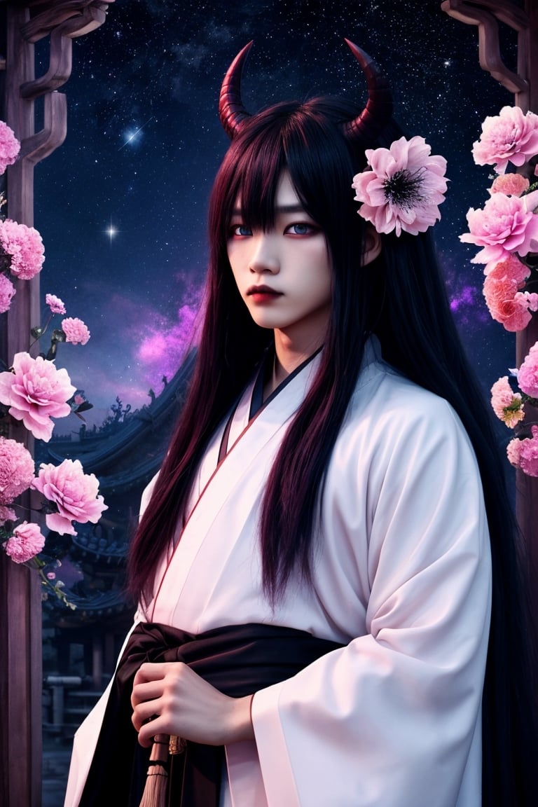 demon boy, chinese, long pink hair, blue eyes, black hanfu, curvy, flowy, beautiful, otherworldly, luminism, stars, flowers, glitter, cool, gothic, dusty, ethereal, immortal, light, dark, bright, mysterious, soft

