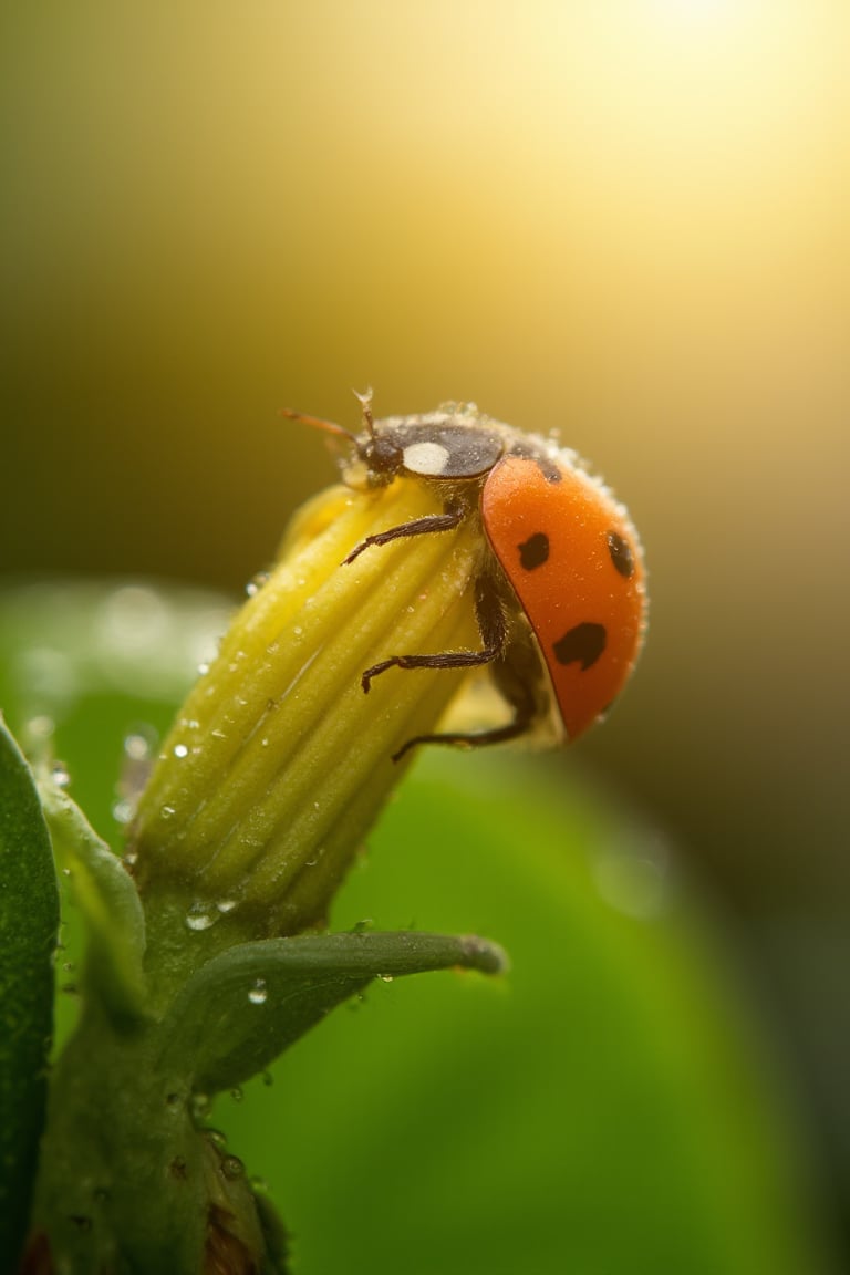 macro photography shot of a tiny ladybug on a flower in the morning sun, the flower and it's leaves covered in dew