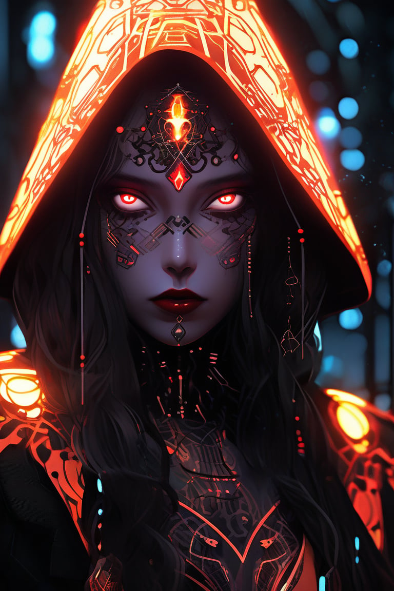 Cyberpunk priestess, pale face with intricate circuitry tattoos. Glowing red eyes, black lips. Ornate golden hood, dark robe. Mechanical neck and chest visible. Eerie forest background. Hyper-detailed, dramatic lighting, digital art style. Gothic and futuristic blend