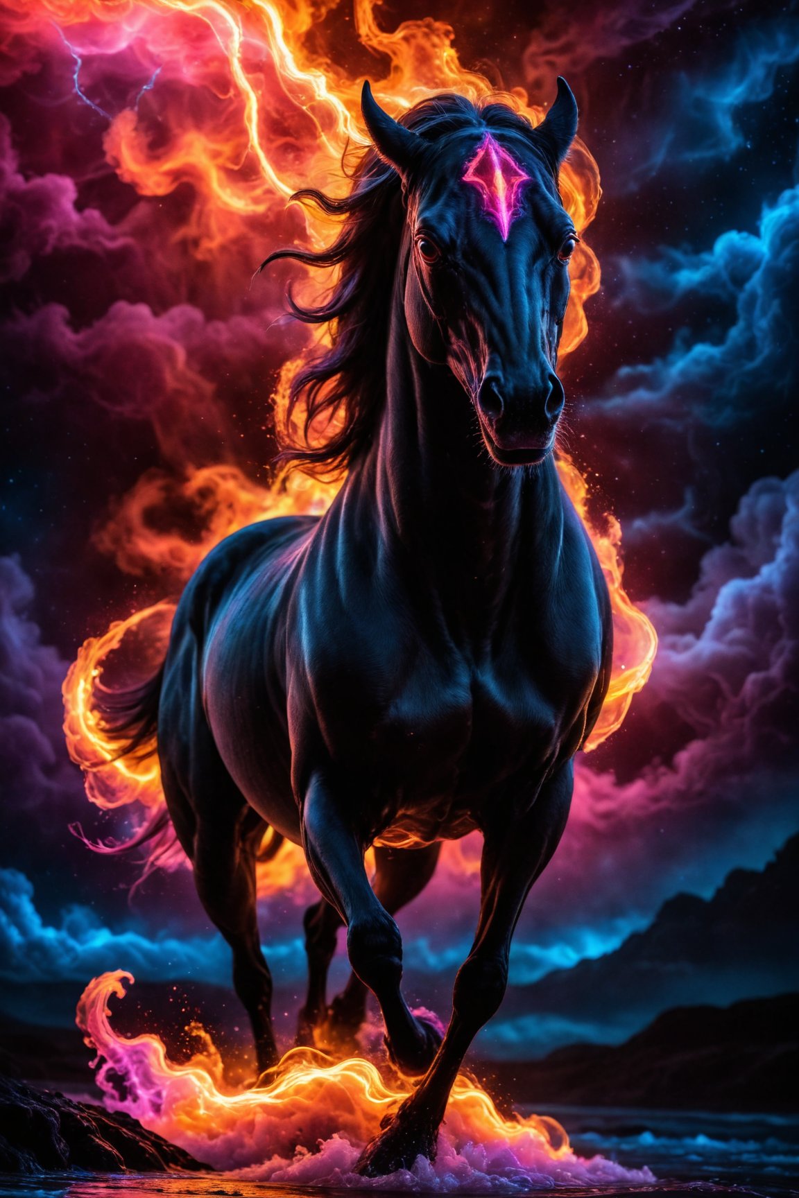 A visually striking dark fantasy portrait of a majestic horse galloping through a stormy, fiery landscape. The horse's glossy black coat is a stark contrast to its vivid, flame-like mane and tail, which seems to be made of real fire. Its glowing, fiery hooves leave a trail of embers behind, while its intense, glistening eyes reflect a fierce, unbridled energy. The background features a haunting, stormy red sky filled with ominous lightning, adding to the overall sense of mystique and intrigue. This captivating image blends the mediums of photo, painting, and portrait photography to create a unique, conceptual art piece.

