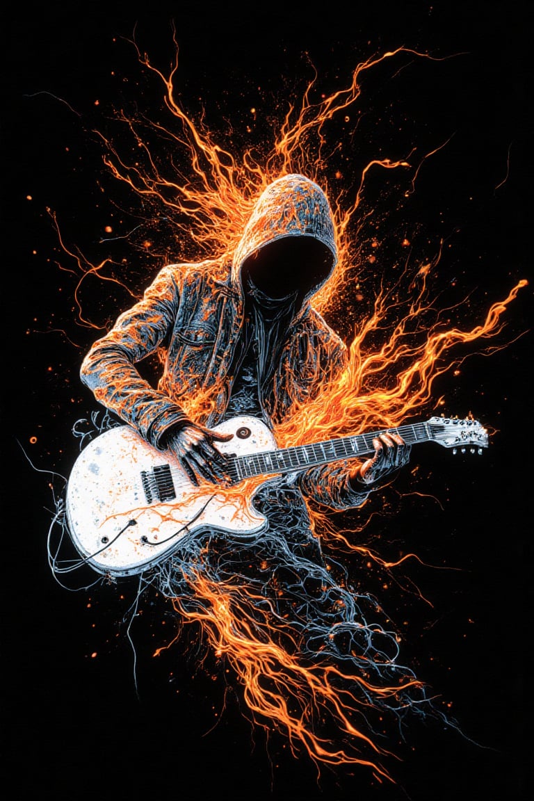 A mesmerizing line art drawing of a guitarist with a mesmerizing interplay of fire and white drawing lines. The guitarist is playing a white guitar with orange flames. The background is black. The drawing is in the style of abstract expressionism.