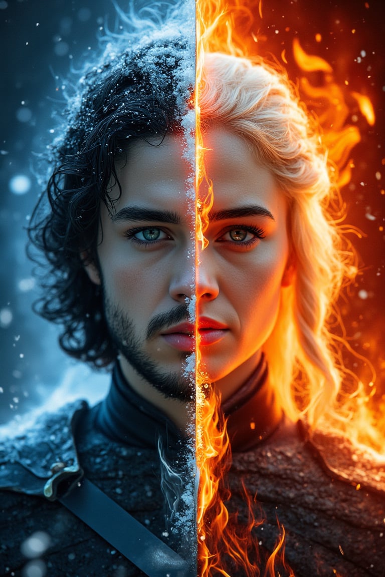 Art Concept: “Ice and Fire”

Poster Text:
Ice and Fire (in bold, striking font at the top)

Composition:
This artwork features a striking portrait split directly down the middle, showcasing two iconic characters from "Game of Thrones": Jon Snow from House Stark on the left and Daenerys Targaryen on the right.  The division creates a dramatic contrast between the cold and fiery themes represented by each character.

Left Side - Jon Snow (Ice):

Color Palette: Cool blues, grays, and whites.
Visual Elements: Black hair partially frozen with ice crystals, piercing blue eyes, and drifting snowflakes.
Brushwork: Fluid and ethereal, evoking a sense of calm yet cold resolve.
Expression: Stoic and noble, with a hint of sadness.
Textures: Icy elements reflecting his deep connection to House Stark.
Right Side - Daenerys Targaryen (Fire):

Color Palette: Vibrant reds, oranges, and golds.
Visual Elements: Flowing white hair resembling flames, fierce expression, and flickering flames around her.
Brushwork: Bold and dynamic, capturing raw energy and intensity.
Expression: Fierce and determined, radiating empowerment.
Textures: Flames illuminating her features, symbolizing her quest for power.
Central Division - Collision of Ice and Fire:
At the center, where Jon and Daenerys meet, there is a dramatic collision of ice and fire.  Intricate effects showcase the interaction between the two elements, with frosty tendrils intertwining with fiery sparks, symbolizing their complex relationship.

Text Integration: “Haisen works”

Positioning: The text "Haisen works" will be prominently positioned at the bottom of the poster, serving as a unifying element.
Styling:

Left Half (Ice): Icy textures in shades of blue and white, angular font mimicking icicles.
Right Half (Fire): Vibrant reds, oranges, and yellows, fluid, wavy font resembling flames.
Text Effects:

Glow Effect: A cool blue aura on the left, warm orange glow on the right.
Shadowing: Slight shadow beneath the text for depth.
Overall Effect:
The combination of icy and fiery elements in the text and the characters' eyes will create a striking visual impact, harmonizing with the portrait's themes.  The text will stand out and resonate with the narrative of duality, emphasizing the balance between Jon Snow and Daenerys Targaryen.