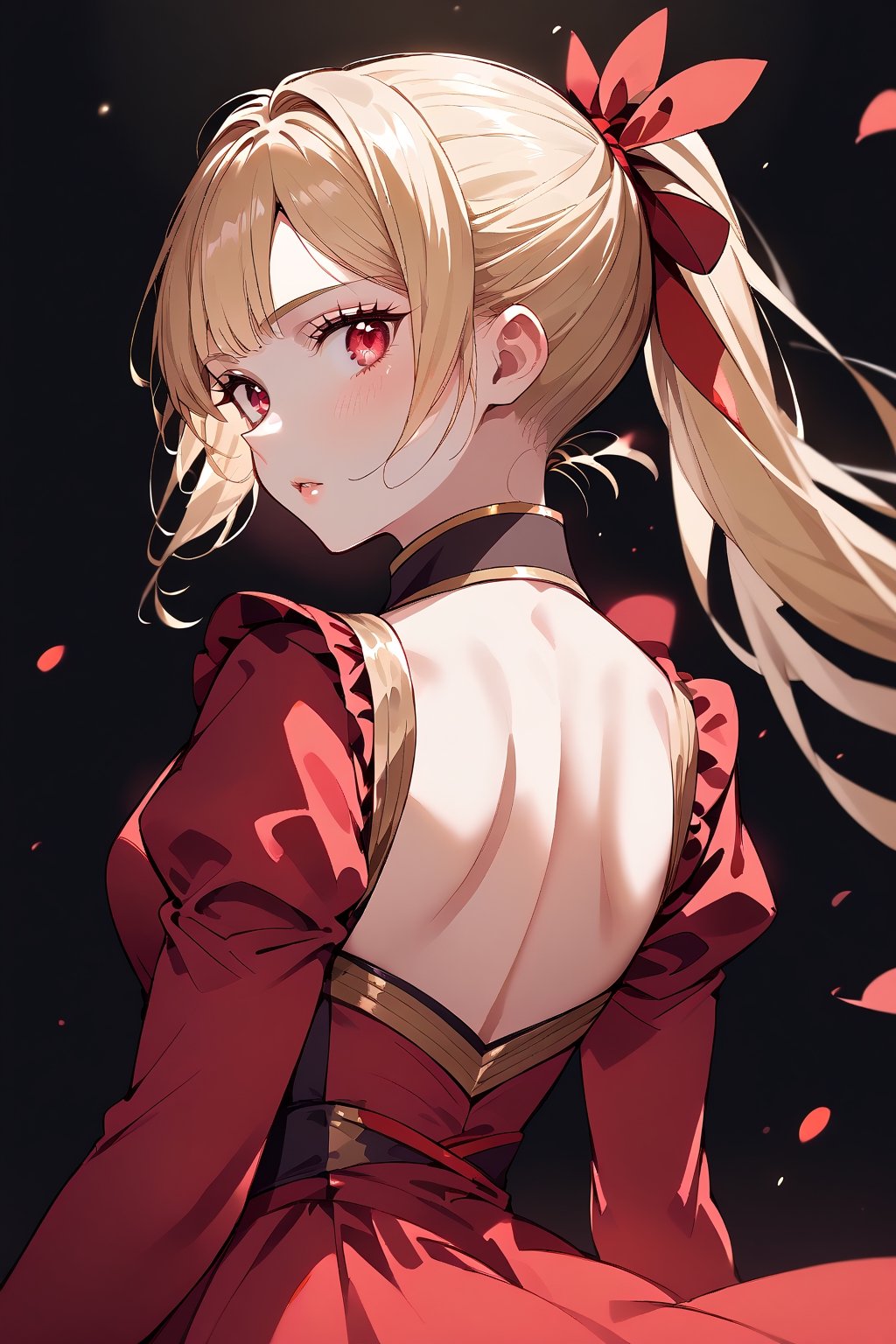 score_9,score_8_up,score_7_up, 1girl,long hair,looking at viewer,blush,bangs,blonde hair,red eyes,long sleeves,dress,ribbon,medium breasts,hair ribbon,upper body,ponytail,sidelocks,puffy sleeves,looking back,from behind,lips,eyelashes,back,red dress,juliet sleeves,black background,light particles,backless outfit,shoulder blades,backless dress,dark background,nape,median furrow,back focus