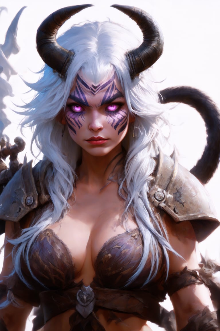 girl, portrait, beautiful, tiefling shaman, white hair, (long hair:1.3), side bangs, horns, barbarian, gladiator, war paint, tribal markings, long tail, blue skin, pink eyes, glowing eyes, (smug:0.85), (big breast:1.25), dramatic light